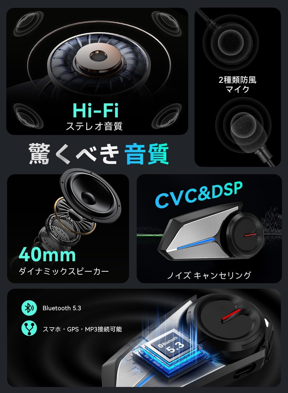 2台セット バイクインカム 日本語音声 8人同時通話 ノイズキャンセ