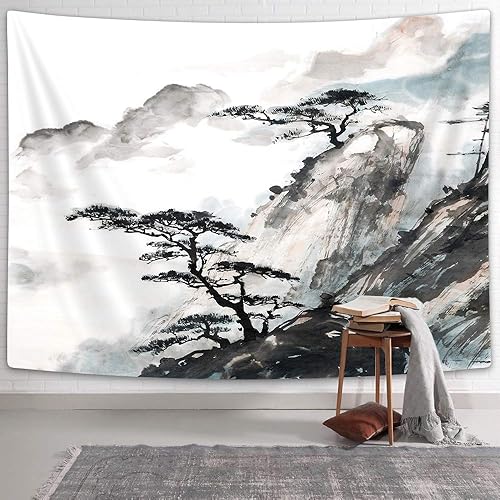 Coveimes Tapiz asiático, tapices escénicos, decoración de arte de pared, arte abstracto chino, montaña negra y pino, pintura de tinta para colgar en