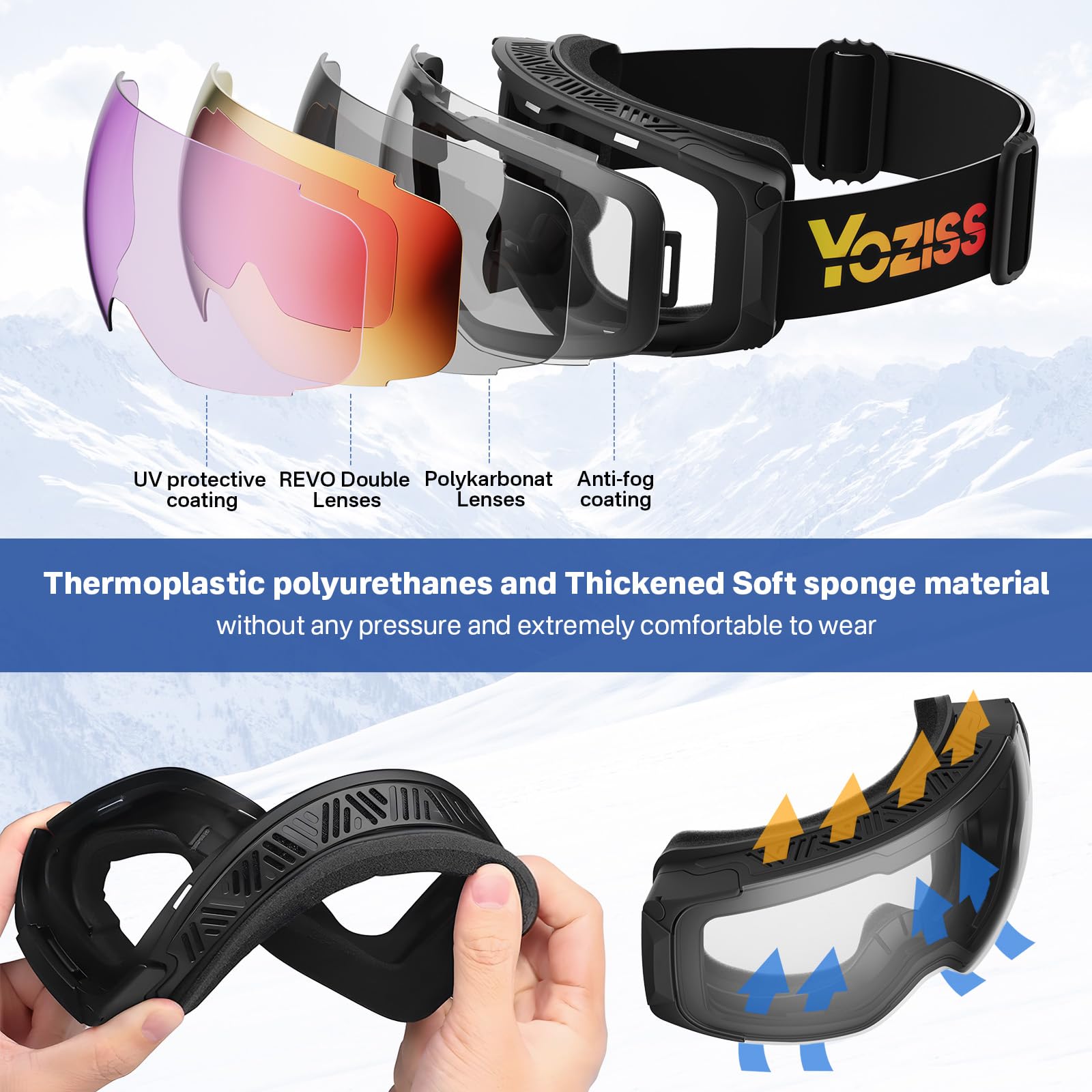 Gogle narciarskie, gogle snowboardowe z wymiennymi soczewkami magnetycznymi, okulary narciarskie OTG ochrona UV400, przeciwmgielne gogle sportowe do snowboardu
