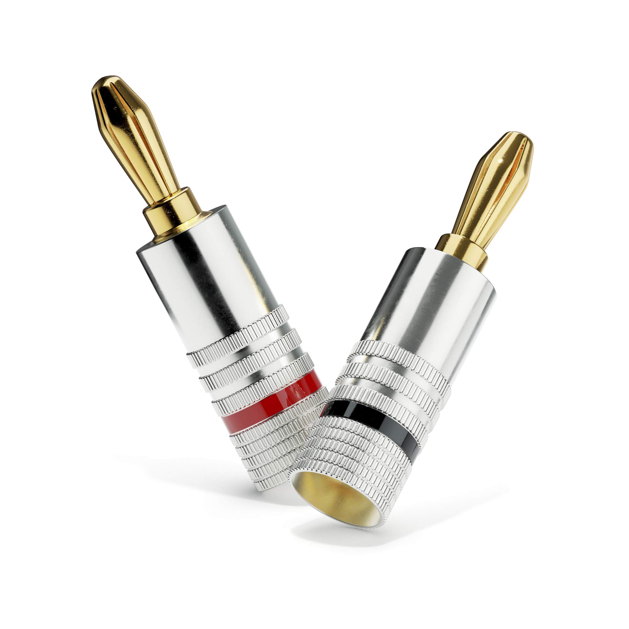 sonero® lot de 4 fiches bananes, pour tous les câbles d'enceintes d'un diamètre maximum de 6 mm², 4 pièces avec codage couleur (12x rouge, 12x noir), plaqué or 24 carats