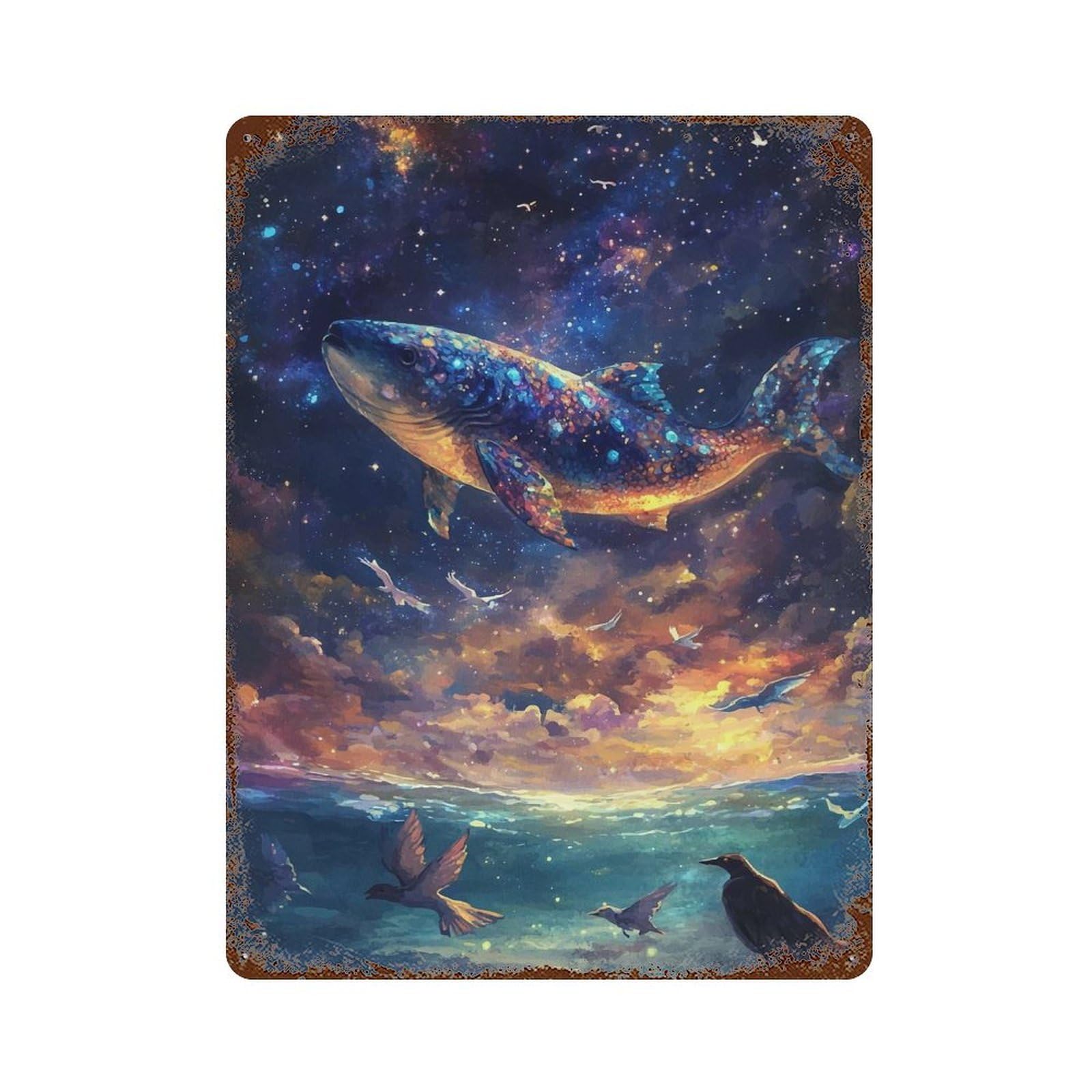 Whale in The Stars Rust Effect Tin Sign 15.7"x11.8", Farmhouse Wall Decor for Farmhouse, Kitchen And Entryway Decor