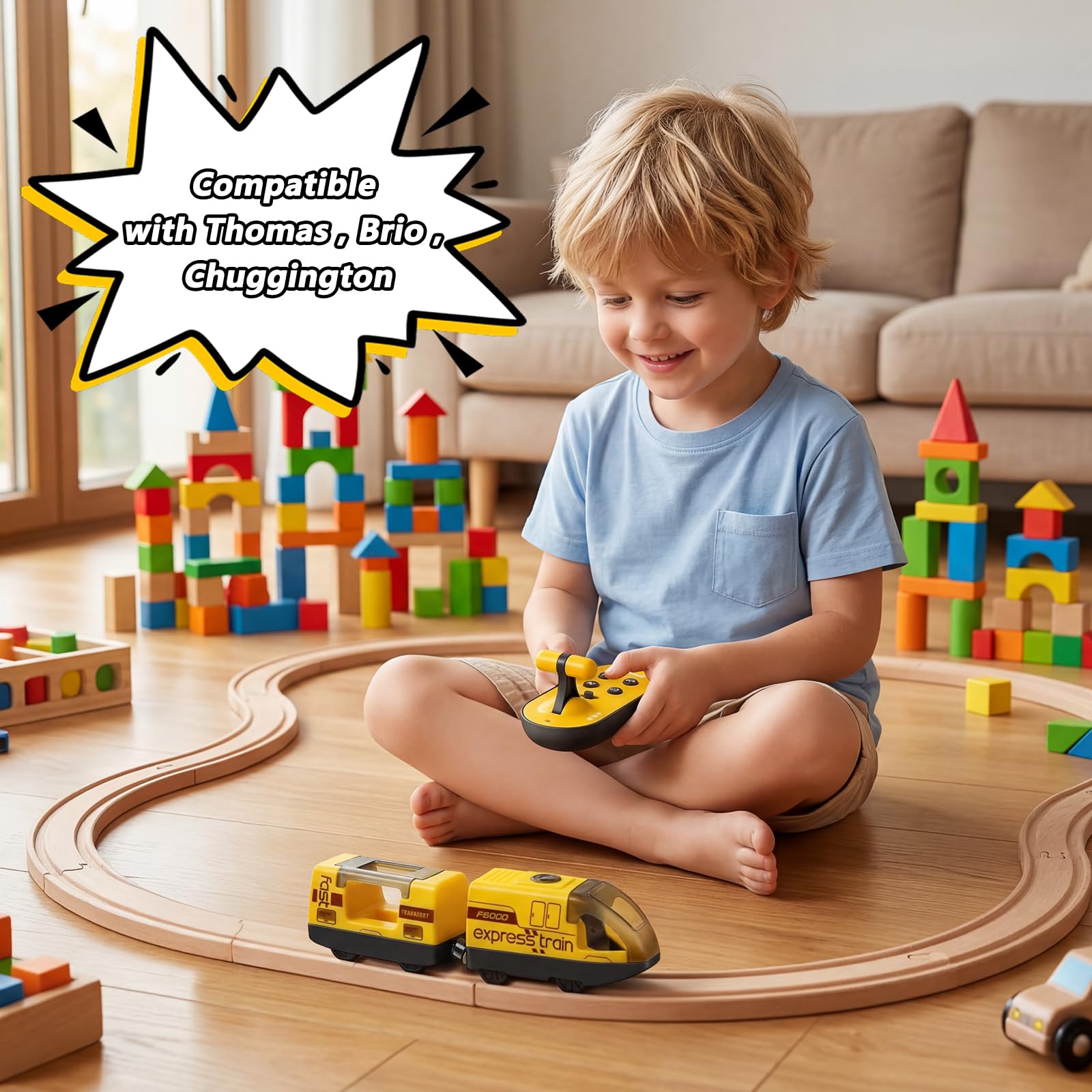Tren Eléctrico de Juguete con Control Remoto para Vías de Madera, Locomotora Magnética, Compatible con Thomas, Brio y Chuggington, Regalo para Niños 3-6 Años