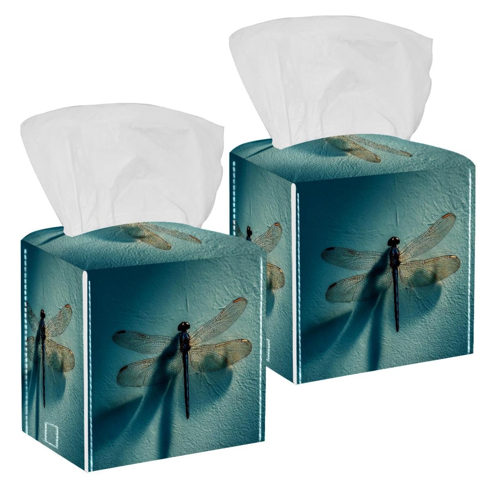 Dragonfly Tissue Box Cover, 2 Pack PU Leather Square Facial Tissue Dispenser Box holder for Home Office Car