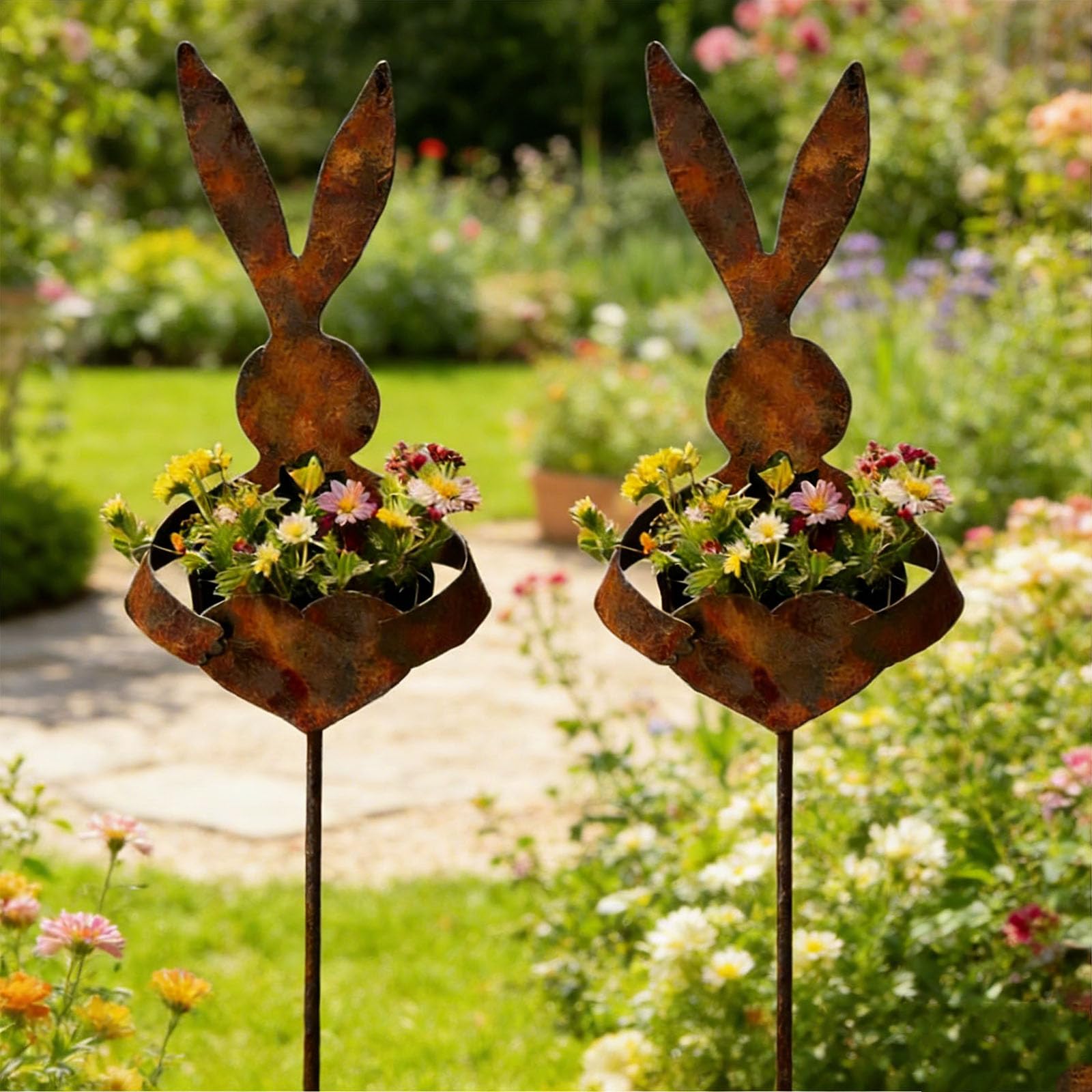 Easter Vintage Metal Rabbit Shaped Planter Garden Stake, 2026 Rustic Patina Bunny Yard Decor, Spring Flower & Succulent Display for Outdoor Garden Yard (2*PCS)