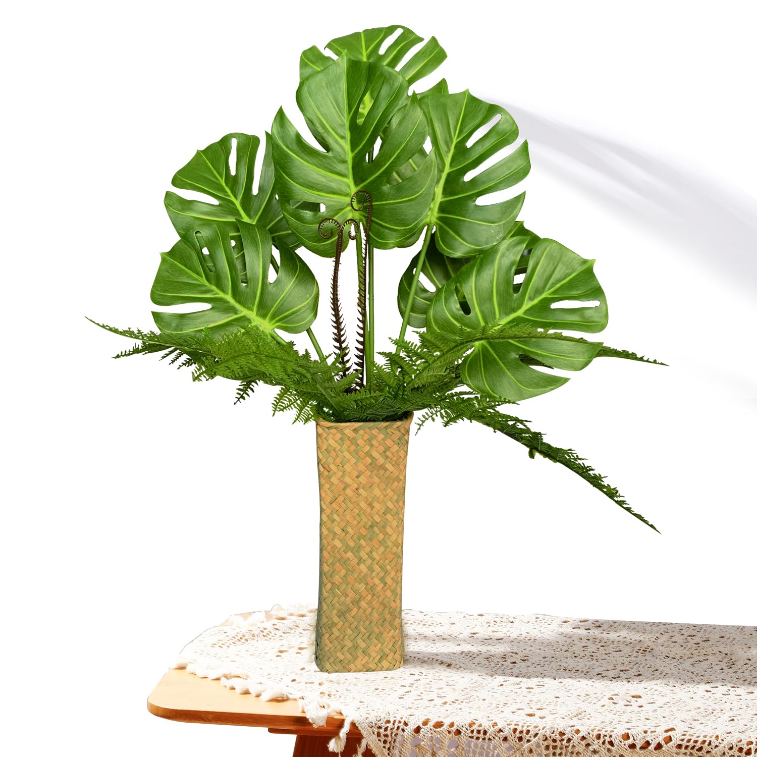 WOOTAIR Large Fake Plants with Woven Vase,29" Artificial Tropical Palm Plants and 18" Fake Ferns,Beautiful Faux Plants for Indoor Home or Office Desk Room Decor