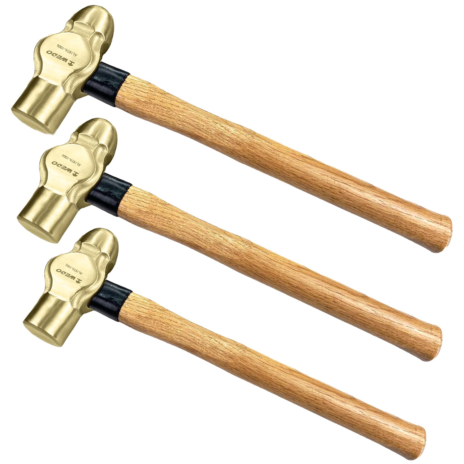 WEDO 3 martillos de bola de 1/2 libras + 3/4 libras + 1 libra sin chispas martillo de bola con mango de madera, bronce de aluminio, forjado a presión, resistente a la corrosión, certificado BAM y FM