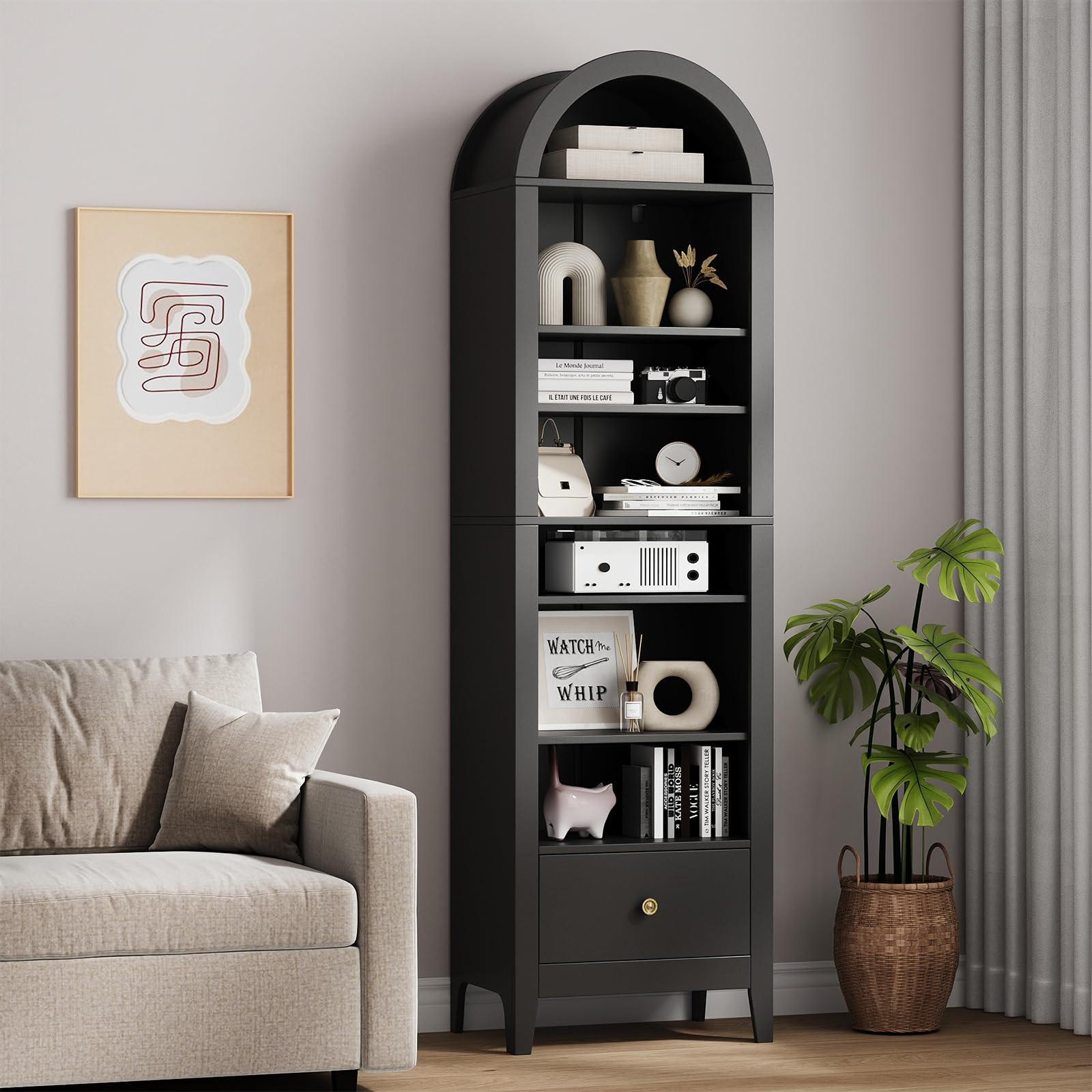 71" Tall Arched Bookshelf, 8-Tier Wood Arched Bookcase with Adjustable Shelves & Drawer, Modern Open Book Shelf for Living Room, Bathroom, Kitchen, Black