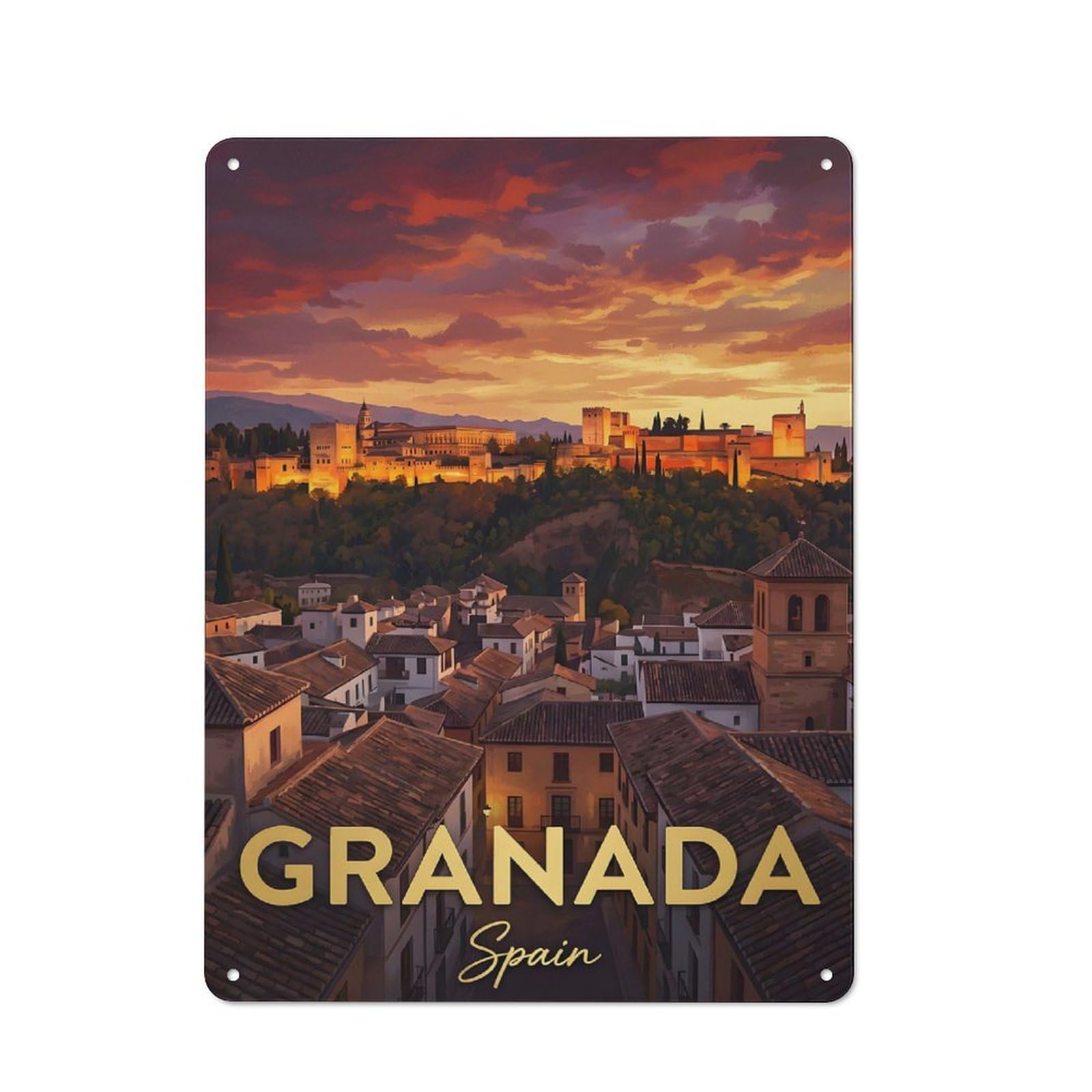 Junmoney Style-21 Metal Wall Sign 40X30cm Featuring Granada Spain Cityscape At Sunset For Workshop Wall, For Vintage Wall Decor Fans, For Kitchen And Home Bar Decor