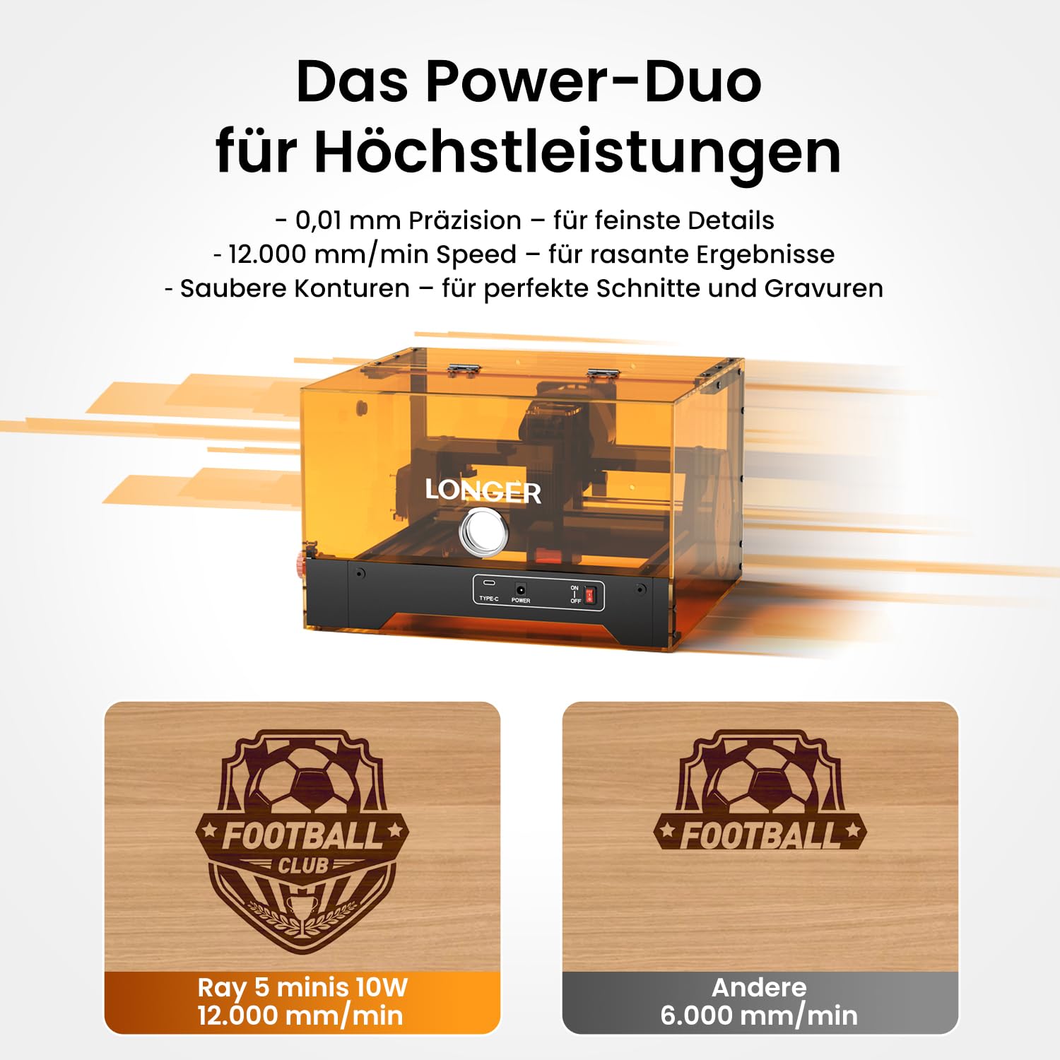 LONGER RAY5 MiniS 10W Lasergravurmaschine mit WiFi & APP, 130x120mm Gravurfläche, 12000mm/min, FDA Klasse 1, Türerkennung & Not-Aus, Plug & Play Laser Cutter für Holz, Leder, Acryl