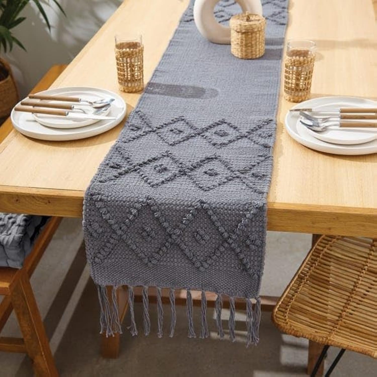 AaHo Decor Organic Cotton Dining Table Runner 4 Seater & 6 Seater, Linen for Dining, Center, Coffee Table Washable Kitchen Cloth | Tabletop Mat (14x72 Inches, Design 3)