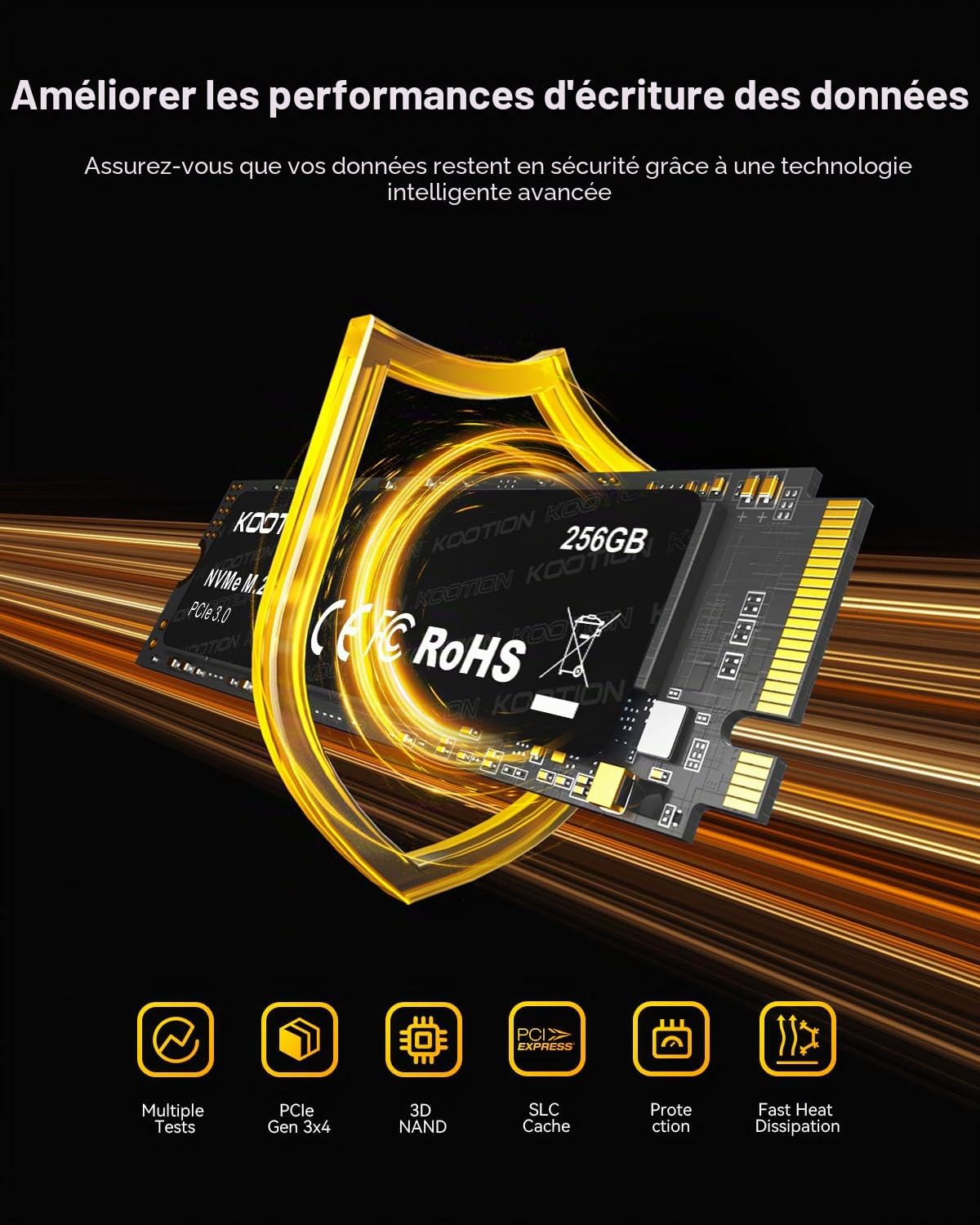 KOOTION SSD NVMe 256Go SSD M.2 PCIe Gen 3x4 2280 Disque SSD Interne 256Go jusqu'à 3000 Mo/s, Disque Dur Interne SSD Compatible avec Ordinateur Portable et PC, Notebook