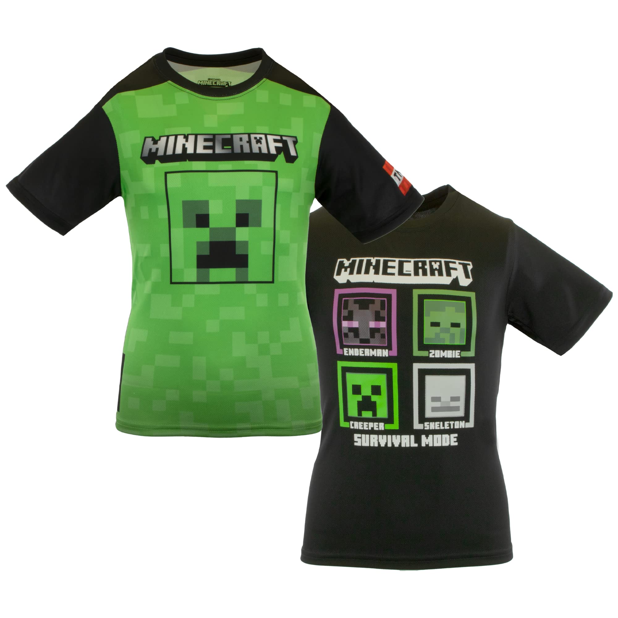 Minecraft Creeper Boys Athletic Gamer Top Graphic Tee Shirt 2 Pack (Black/Green, 14/16)