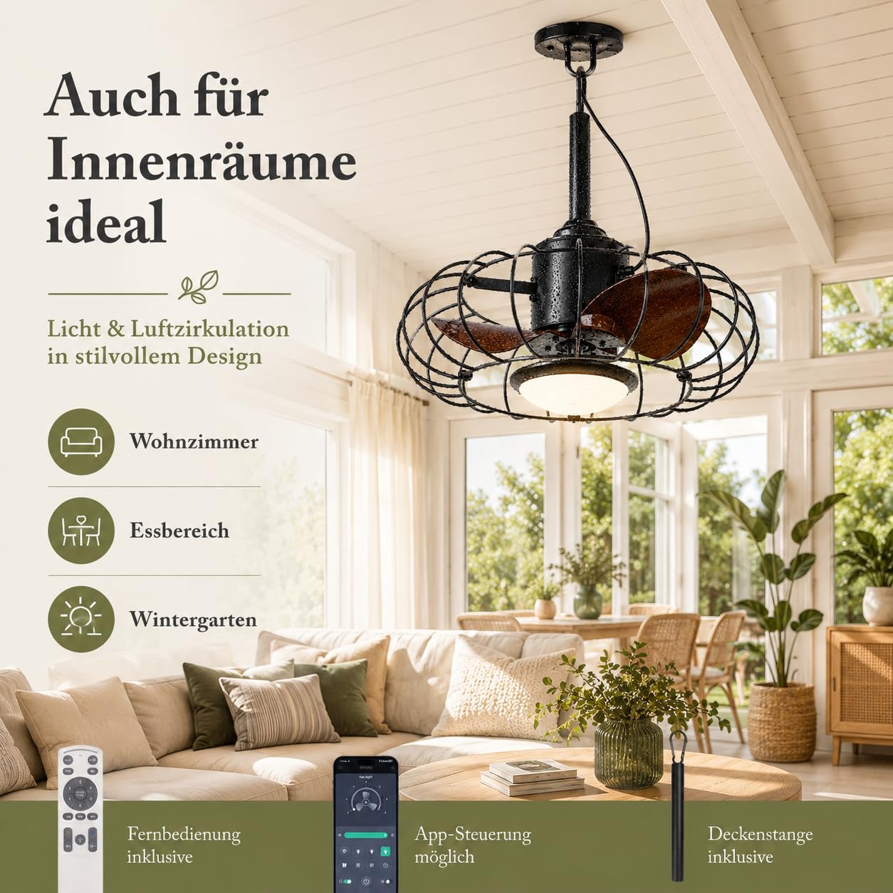 Outdoor Deckenventilator mit Beleuchtung & IP65 Wasserdicht, Fernbedienung | Deckenventilator mit Licht, Timer, Dimmbar 6 Geschwindigkeiten mit App-Steuerung, Perfekt für Pavillon, Terrasse & Veranda