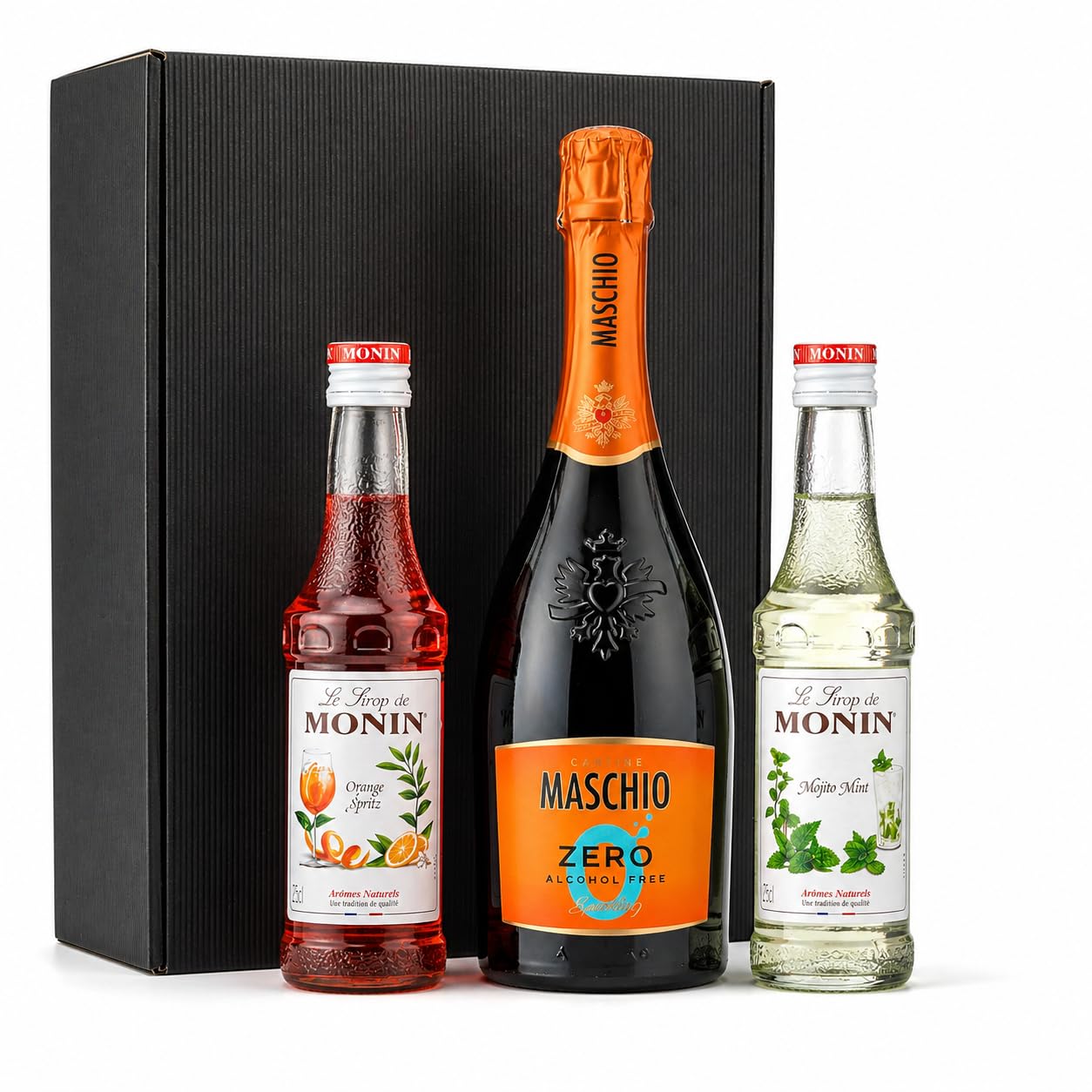 The Wine Guys „Summer Spritz Moments“ alkoholfreies Aperitif Geschenkset – Monin Orange Spritz & Mojito Minz (2x 0,25 l) + Maschio ZERO Sparkling 0,75 l – Mocktail Box für Drinks ohne Alkohol