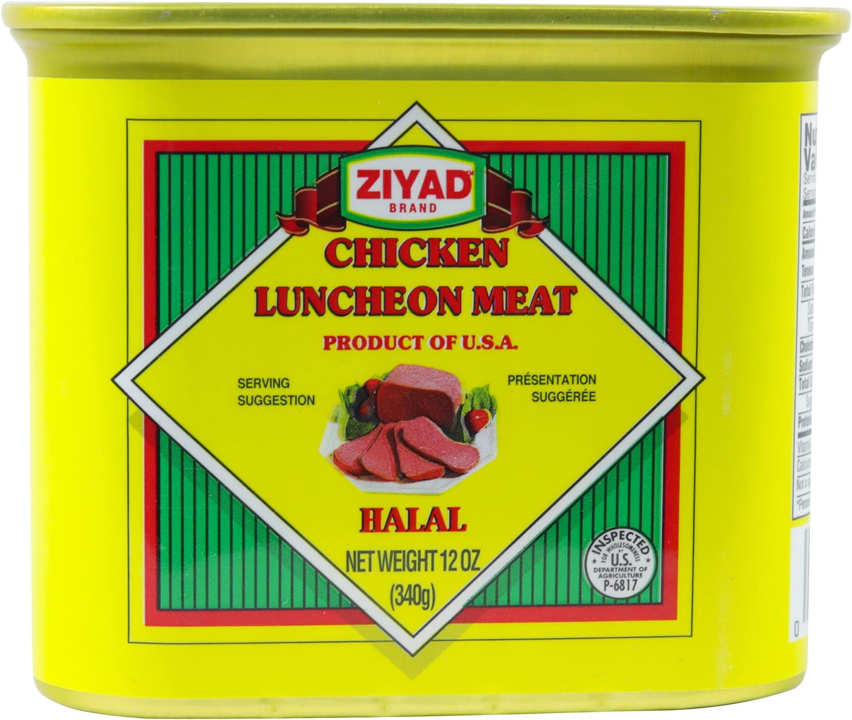 Ziyad Chicken Luncheon Meat, Halal, 12 Ounce Pull-Top Can, Fully Cooked, Ready to Eat, 0g Trans Fat, Gluten Free, Easy Open, Canned Meat for Sandwiches & Breakfast. Shelf Stable, Great for Camping or Bunker Prep