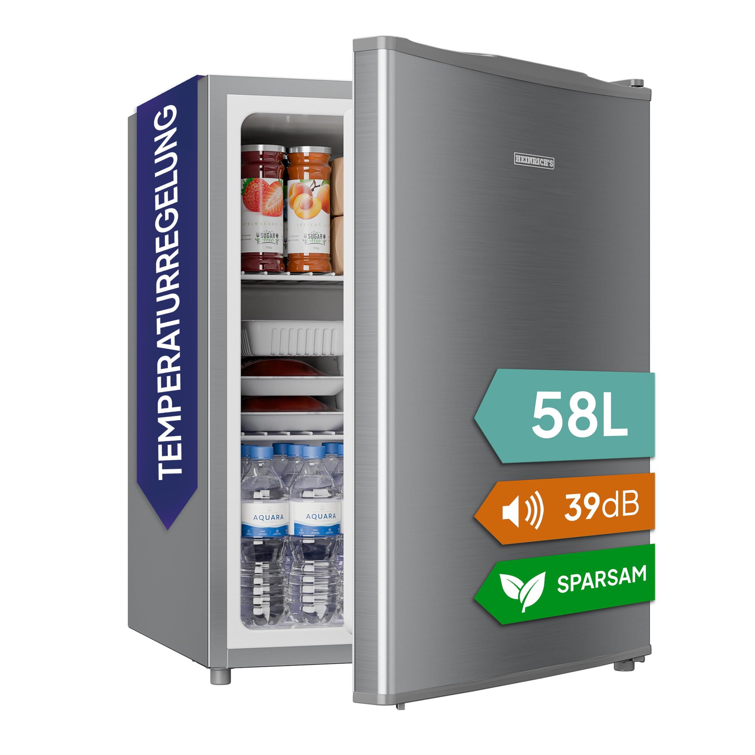 Heinrich´s Getränkekühlschrank 58L,klein, Mini-Kühlschrank für Dosen, Flaschen, Snacks, modernes Design, Tisch-Kühlschrank, leise:39dB geeignet für Büro, Camping, Garten, Outdoor, Hotels, Schlafzimmer