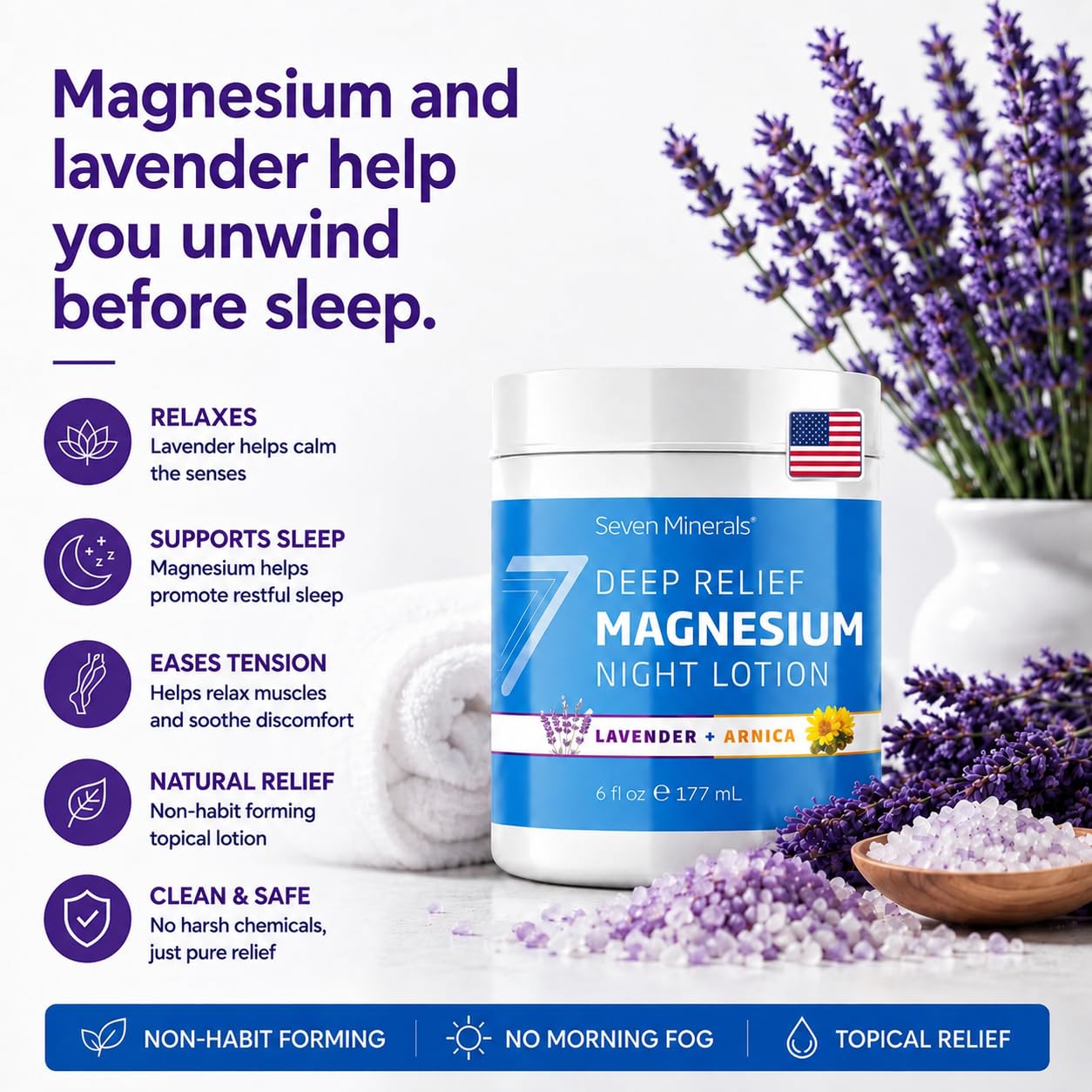 Seven Minerals Deep Relief Magnesium Night Lotion - Lavender + Arnica Cream for Deep Sleep & Muscle Relief - Calms Legs, Soothes Sore Back, Neck & Shoulders - Blended in USA, 6 Fl Oz — Amazon image 5