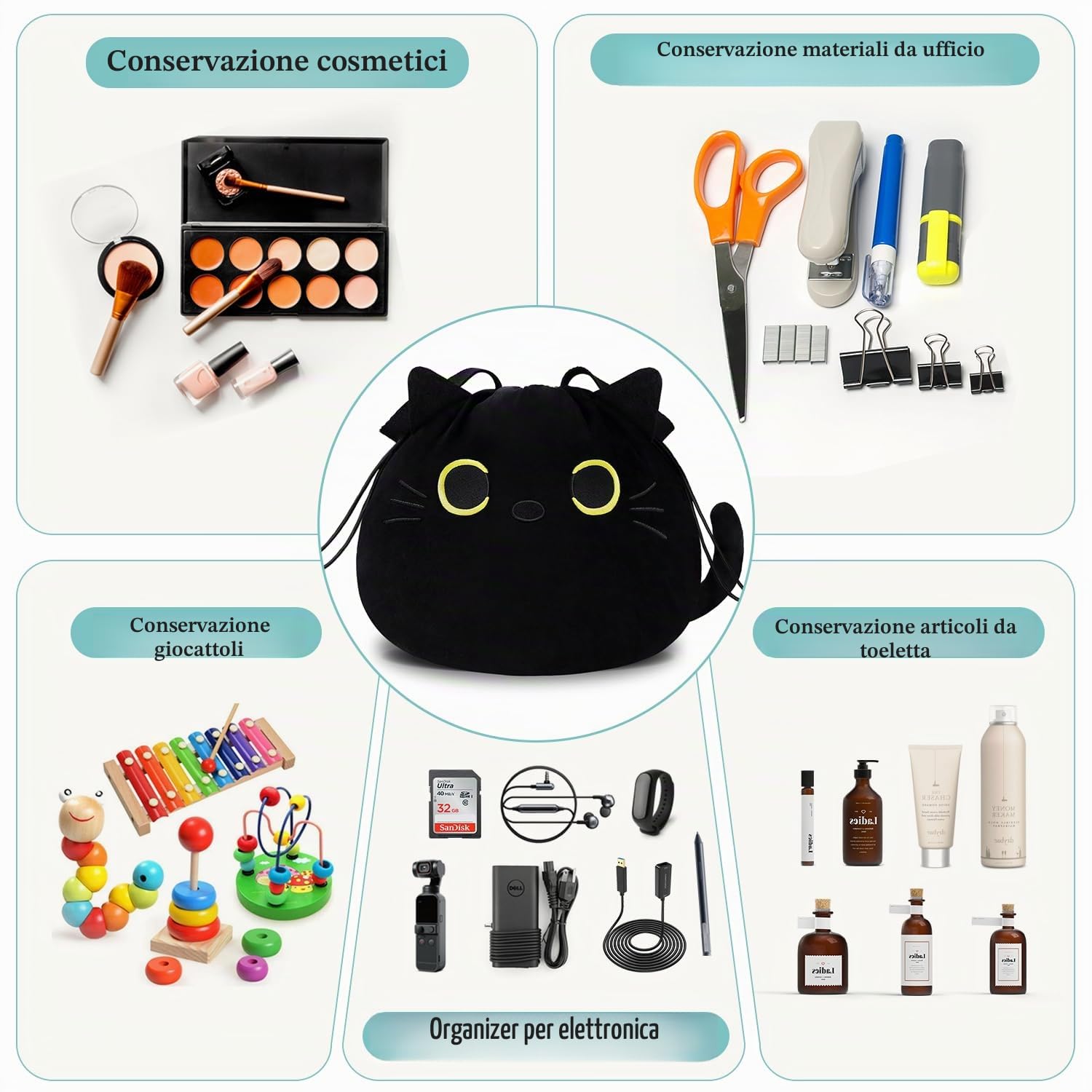 Porta Trucchi Donna Ragazza Bambina, Regali Divertenti Pochette Trousse Trucchi, Beauty Case da Viaggio, Gatto Gadget Utili Originali, Idee Regalo Compleanno Natale per Donna Mamma - Nero