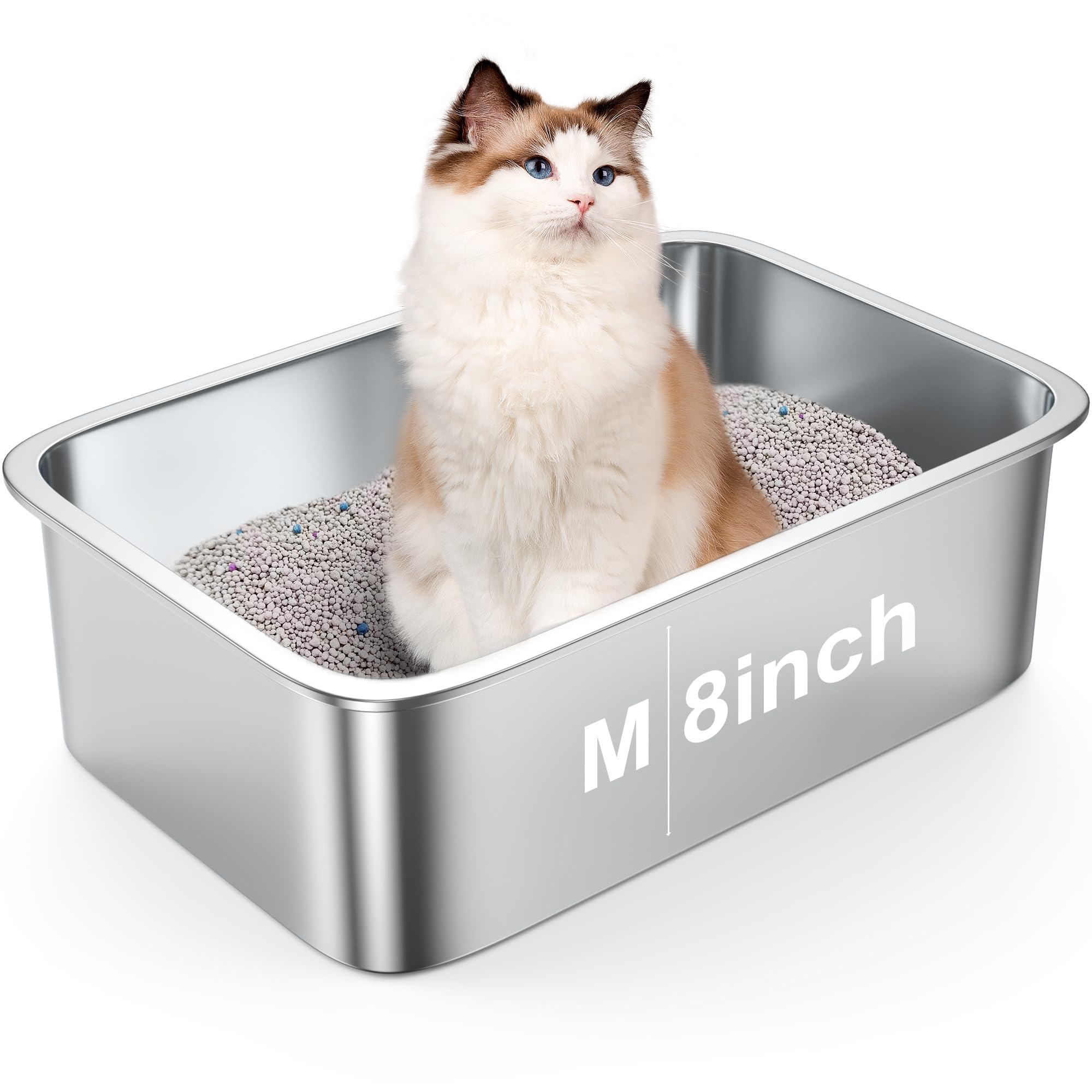 8" Deep Litter Box Stainless Steel Metal Cat Litter Box Easy to Clean,Non-Stick,Suitable for Indoor and Outdoor Pet Cats