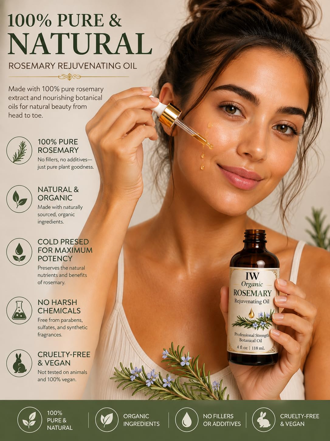 Organic Rosemary Oil for Face, Hair & Body 100% Pure Cold Pressed Unrefined Raw Anti-aging antioxidants 4 FL OZ 118 mL