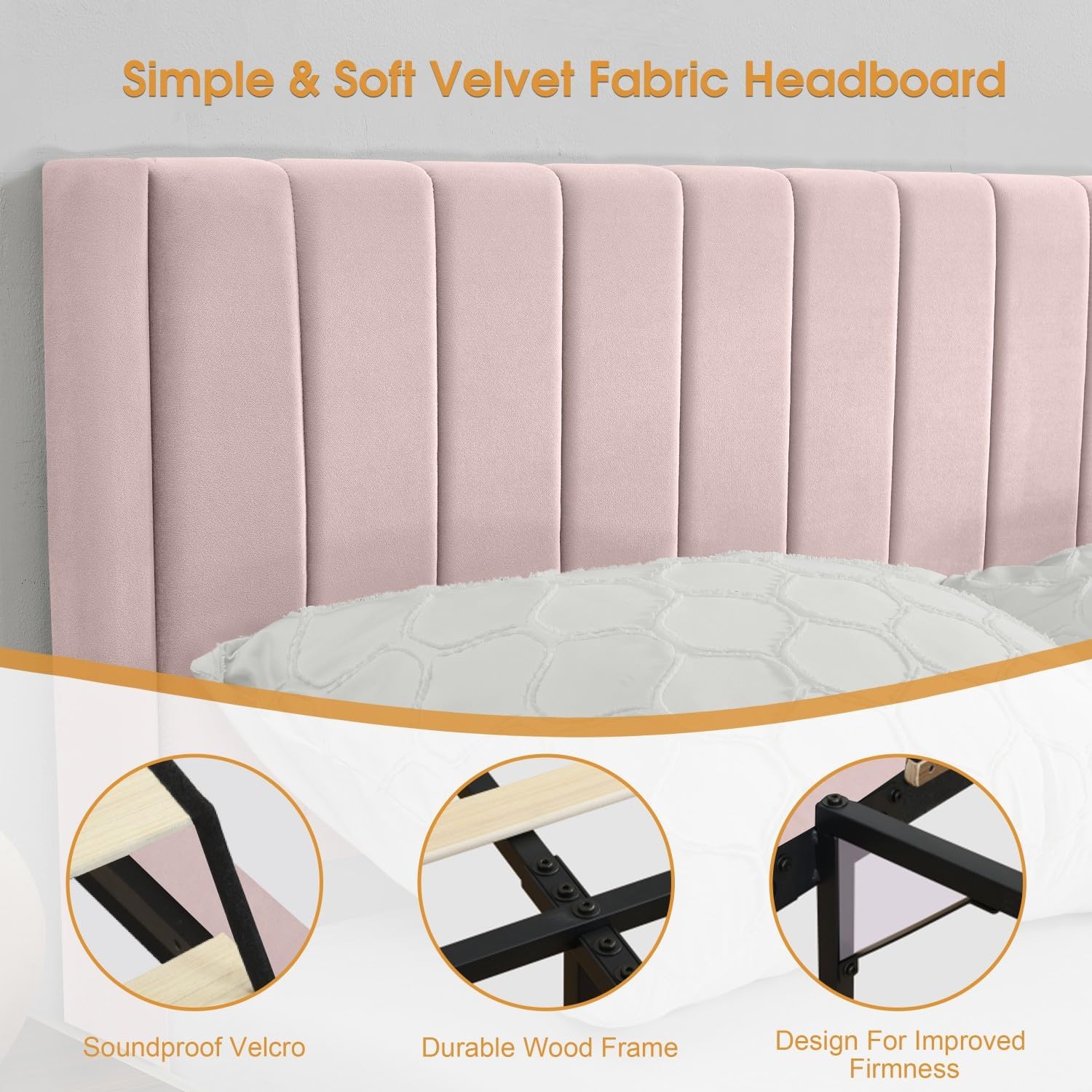 Full Bed Frame Upholstered Platform,Full Size Bed Frame with Velvet Headboard,Non-Slip and Noise-Free/Wooden Slats Support/No Box Spring Needed/Easy Assembly/Mattress Foundation (Pink, Full)