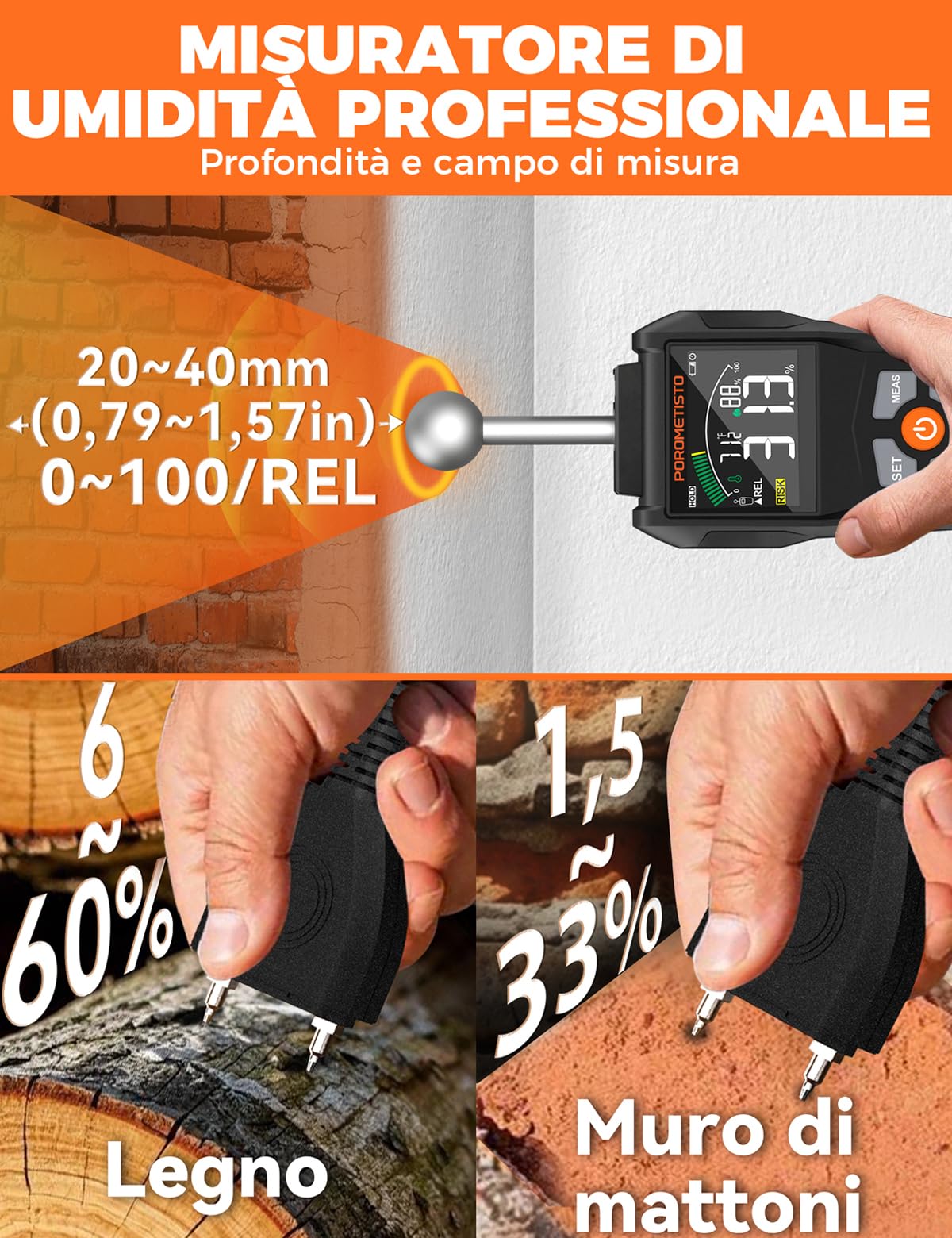 2 In 1 Igrometro Professionale Sonda Sfera&Sensore Pin, Misuratore Umidità Muri di livello Industriale, Igrometro Umidità Casa,20-40mm per Legno, Muratura, Pareti, Parquet