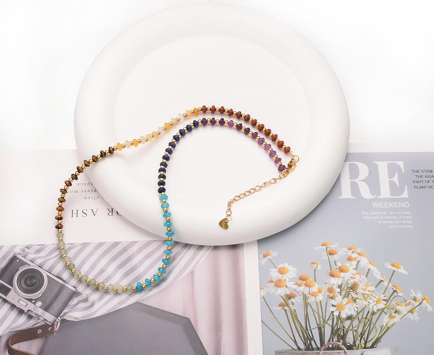 Aleasha Gemstone Beaded Choker Spinel Lapis Lazuli Amethyst Turquoise 14" Necklace for Women Gold Stainless Steel Handmade Strand Boho Jewelry - Image 9