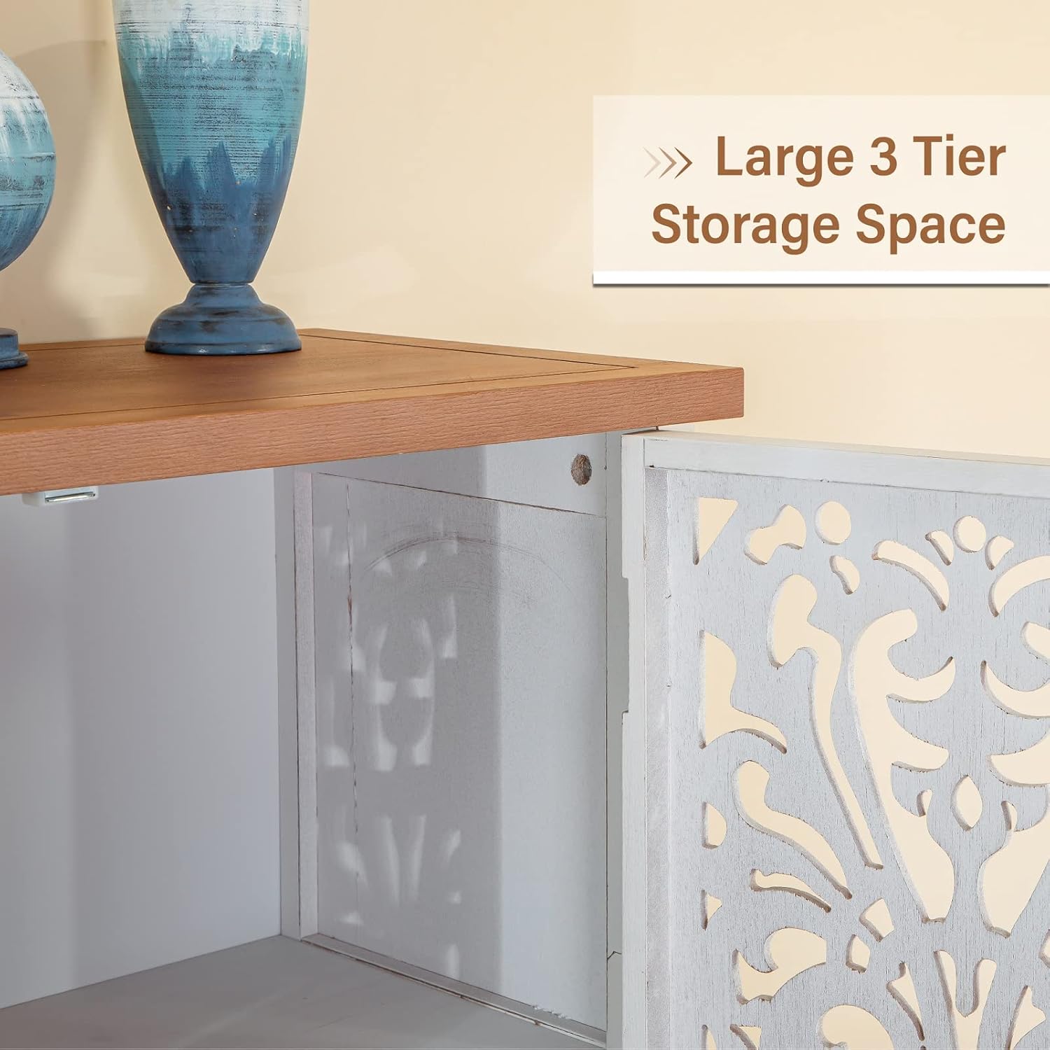 MFSTUDIO Accent Tall Wood Storage Cabinet Buffet Sideboard Hollow-Carved Floral 2 Doors Distressed Decorative for Living Room Kitchen Stand Entryway Hallway, 13.8" Dx31.5 Wx47.4 H, White