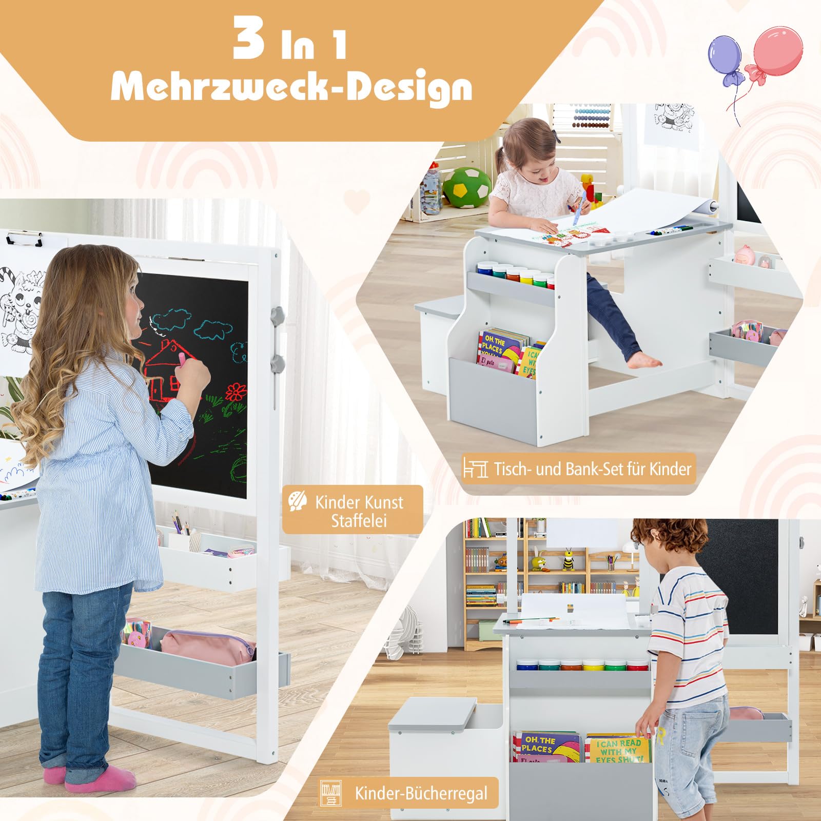 DREAMADE 3 in 1 Kindersitzgruppe, Höhenverstellbares Tisch Stuhl Set Mit Strauraum, Papierrolle, Ablagefächer & Bücherregal, Staffelei Maltisch Set Für Kinder Ab 3 Jahren (Grau+Weiß)