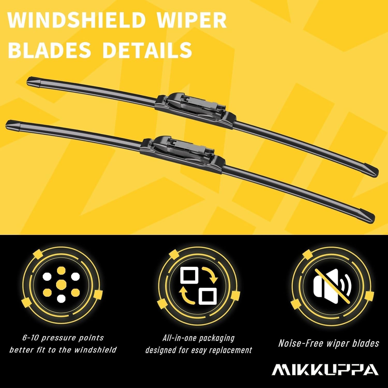 MIKKUPPA 19" Front Windshield Wiper Blades, Pinch Tab All-Season Silent Windshield Window Wipers OEM Quality for Original Equipment Replacement (Pack of 4)