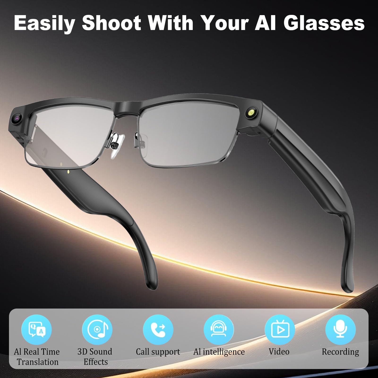 AI Smart Glasses 4K HD, 800 W, fotocamera anti-oscillazione, occhiali con registrazione video, doppi microfoni con cancellazione del rumore, traduzione simultanea, integrazione ChatGPT (lenti