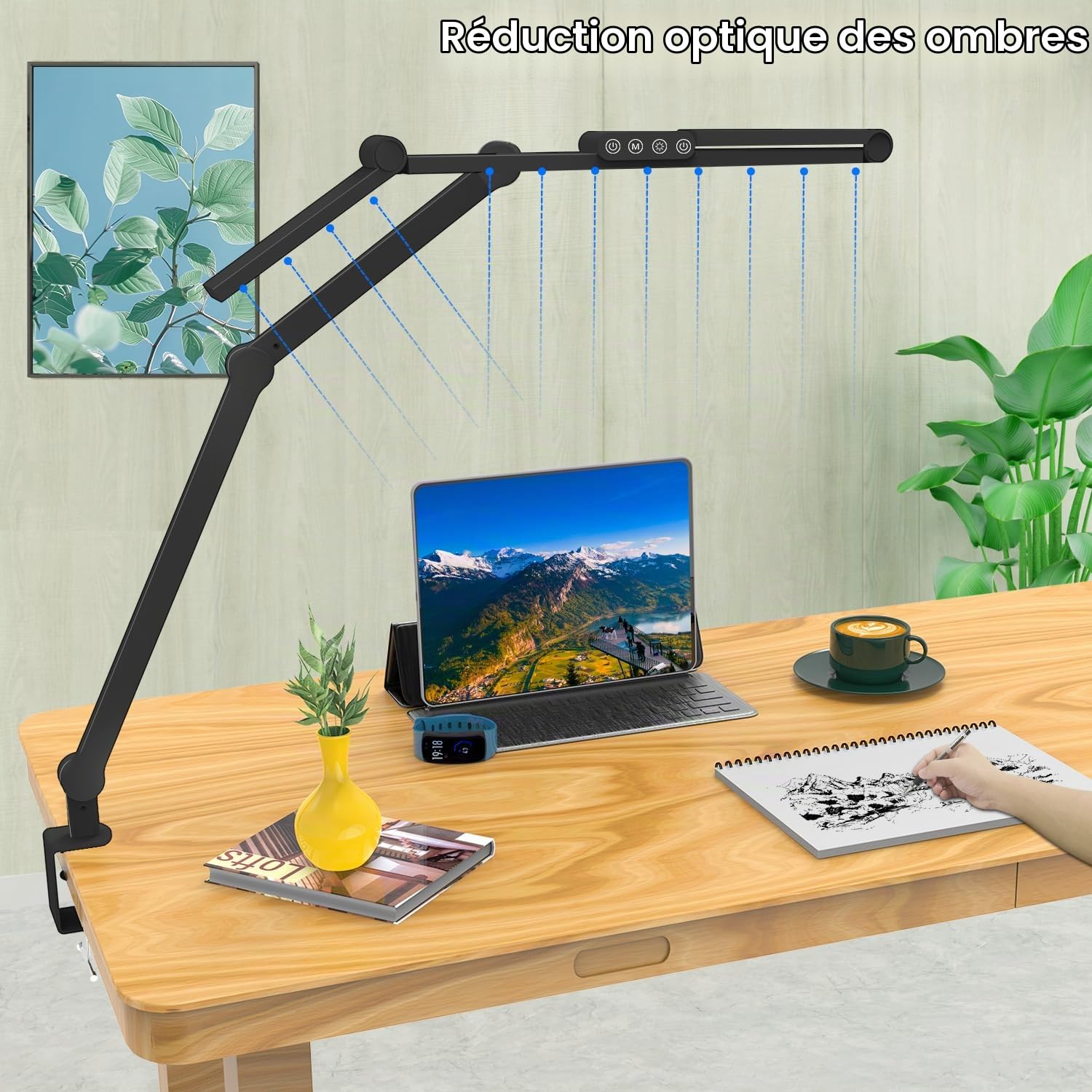 EPABINA 24W Lampe de Bureau LED, 1500LM Puissante 3-têtes de lampe avec pince, Lampe d'architecte lumineuse avec bras flexible, réglage intensité, Commande tactile, Pour Lecture Travail PC Screen