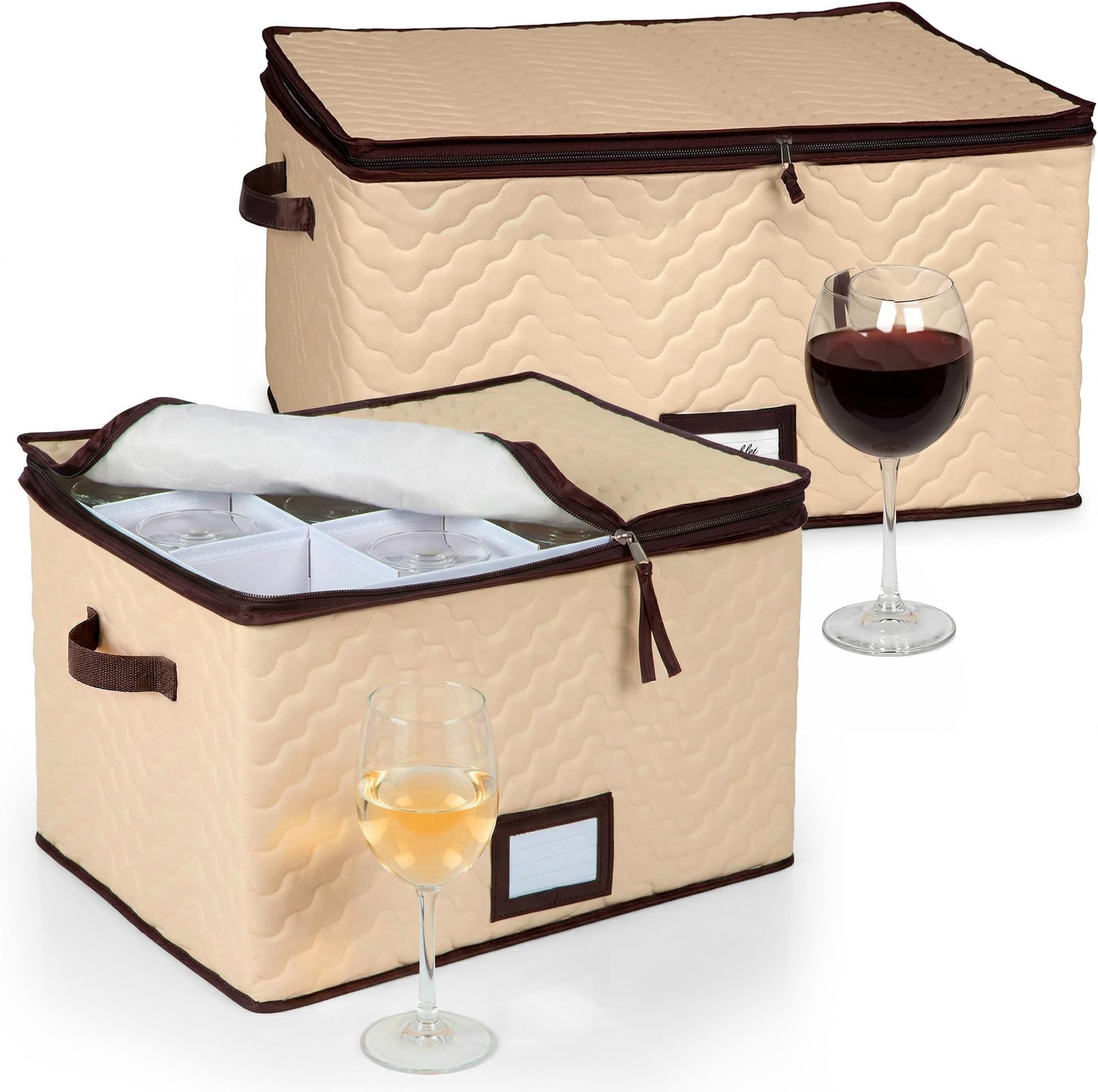 Stemware Storage Case for Wine Glasses and Glassware – Pack of 2 Sizes - Holds 12 Glasses - Wine Glass Box Protects Champagne Flutes and Fine China - Durable Quilted Microfiber Bin with Dividers and Carry Handles