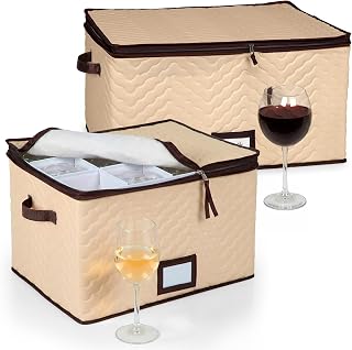 Wine Glass Storage Box with Dividers - Stemware Storage Case, Durable Quilted Microfiber Bin with Carry Handles, Protects Fine China - (2 Pack, Red & White Wine Glass)