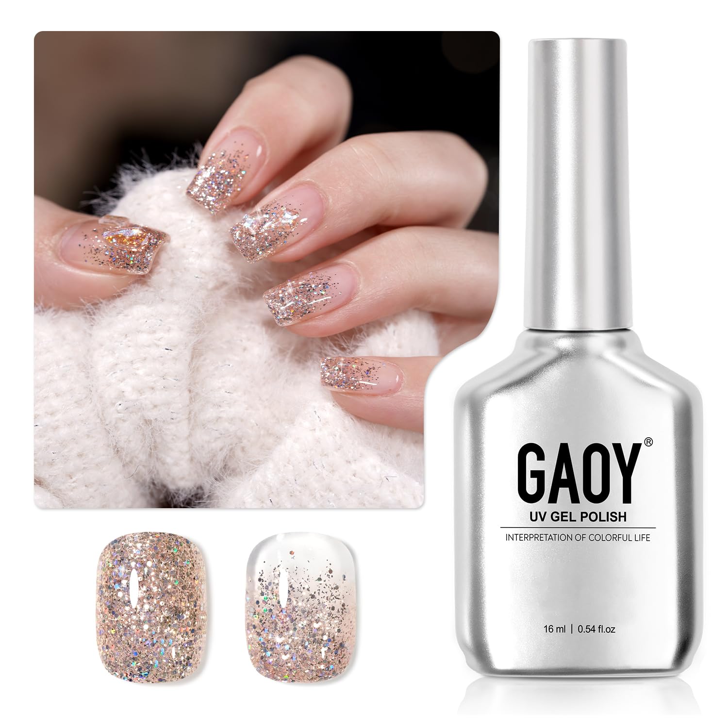 GAOY Glitter Gel Nail Polish, 16ml Champagne Sparkly Gel Polish, Diamond Shiny Soak Off UV Light Cure for Nail Art DIY at Home, 2349 Gilded Bubbles