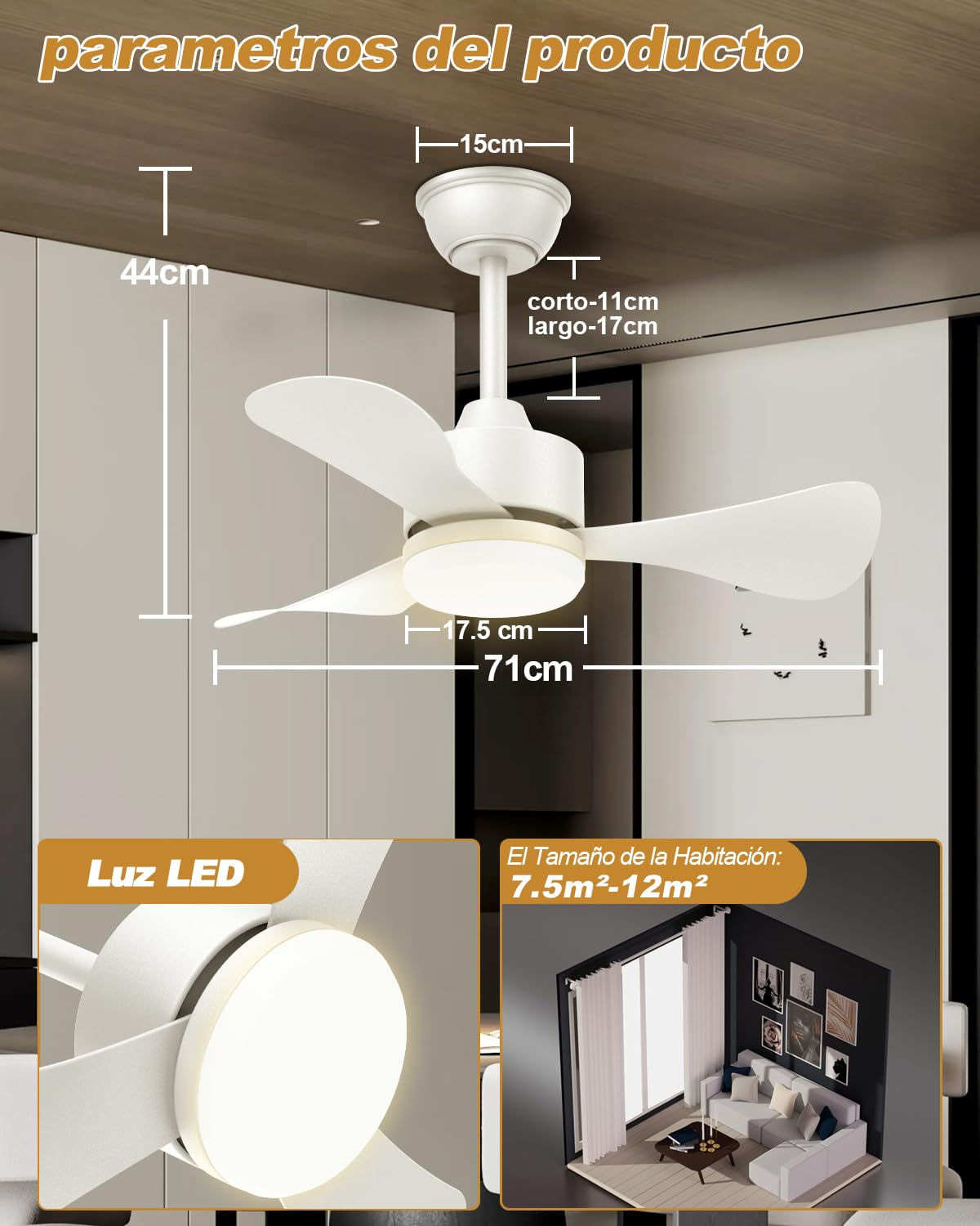 Airwit 71cm Ventilador de Techo con Luz y Mando a Distancia, Silencioso Lampara Ventilador Techo, Pequeno 3 Aspas Luz LED para Dormitorio, Salon, Reversible Motor DC, 6 Velocidades