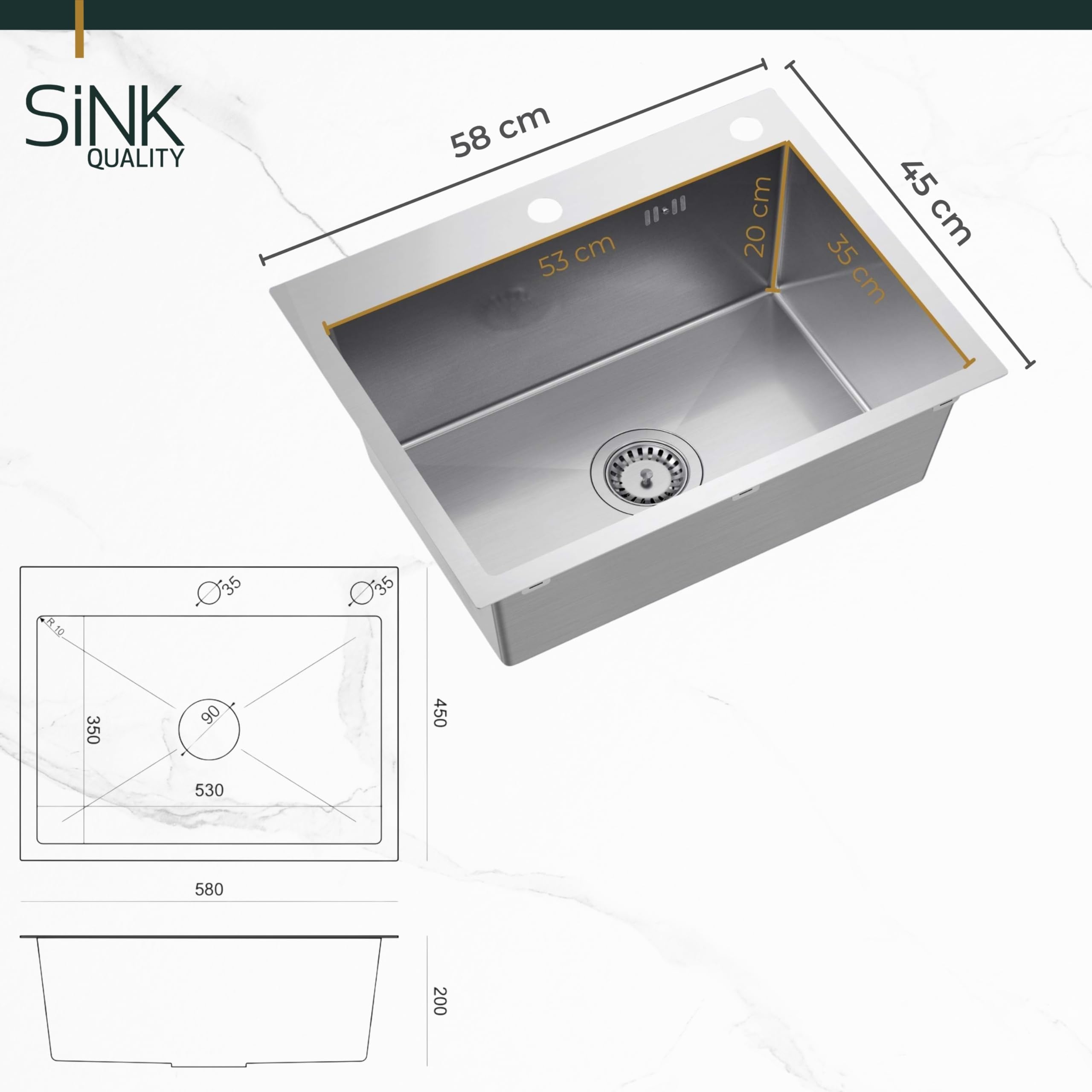 Sink Quality zlewozmywak ze stali nierdzewnej 58 x 45 cm – odporna na zarysowania powłoka PVD i oszczędzający miejsce syfon, zlewozmywak ze stali nierdzewnej 304 do szafki pod umywalkę 60 cm, łatwy w