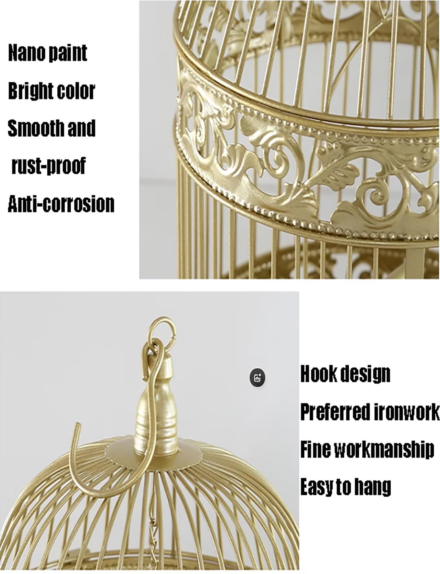Vögel Käfig Deko Gold Vintage Papageienkäfig Rund Metall Elegant mit Box für Lebensmittel Bar stehend Hinzufügen Behälter für Lebensmittel, Gold
