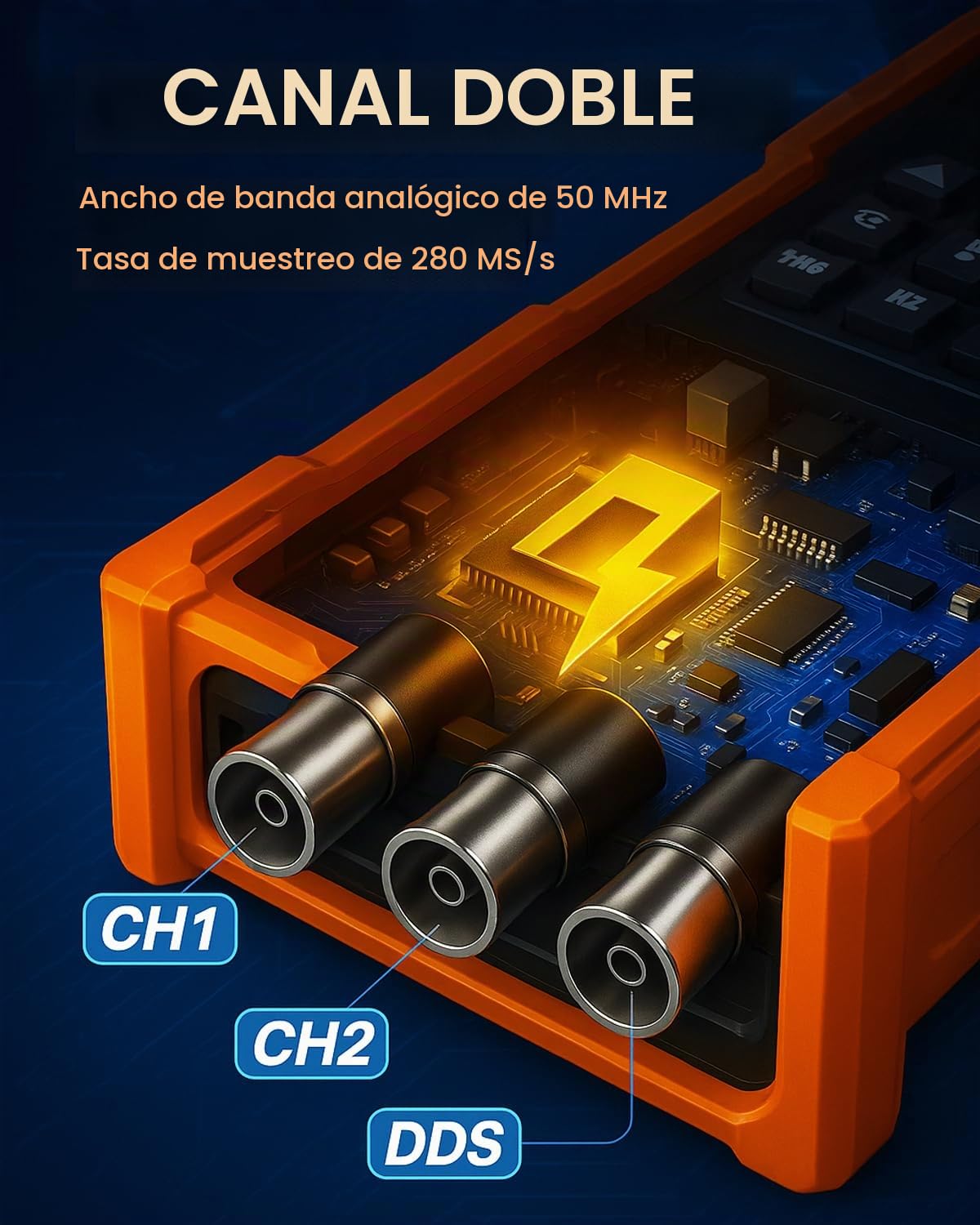 Osciloscopio multímetro, osciloscopio 3 en 1, 2 canales, ancho de banda de 50 MHz, 280 MSa/s, TRMS 6000 Count, generador de señal 13 formas de onda de señal, modo automático/normal/único para