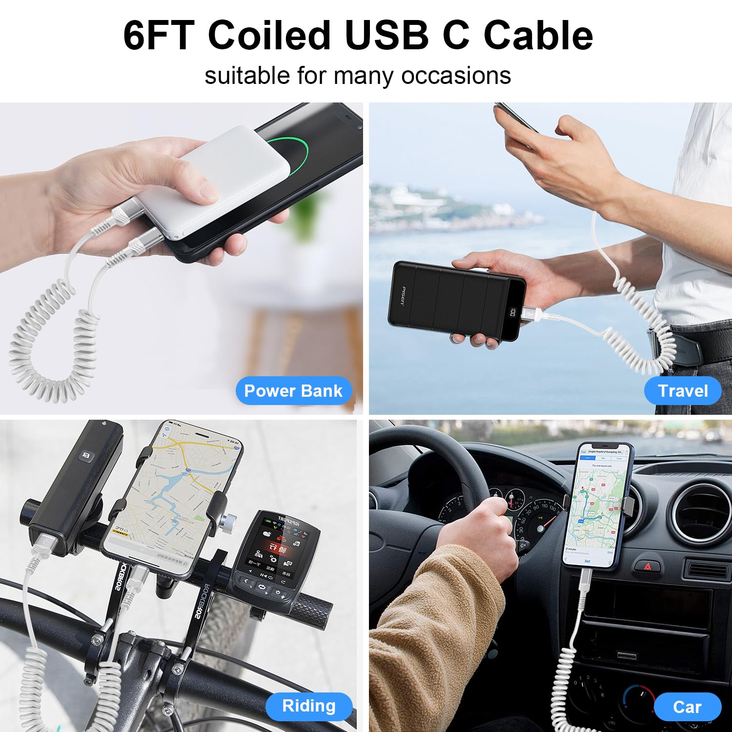 Cable de carga retráctil de coche de 6 pies en espiral USB a USB C, cable de carga rápida Android Auto para Motorola Edge 50/Edge 40 Ultra/Moto G Stylus/G Play/G Power, Samsung Galaxy S24 Ultra A15