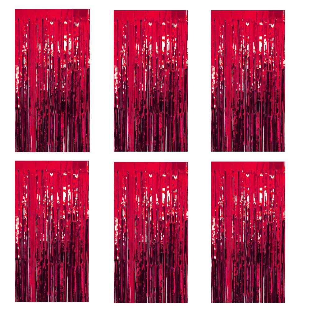 Urvi CreationsUrvi Creations 6 Pcs Red Colour 3ft x 6ft Tinsel Metallic Foil Fringe Curtains Party Stage Backdrop Simmer Curtain for Valentines Day Wedding,Anniversary, Birthday