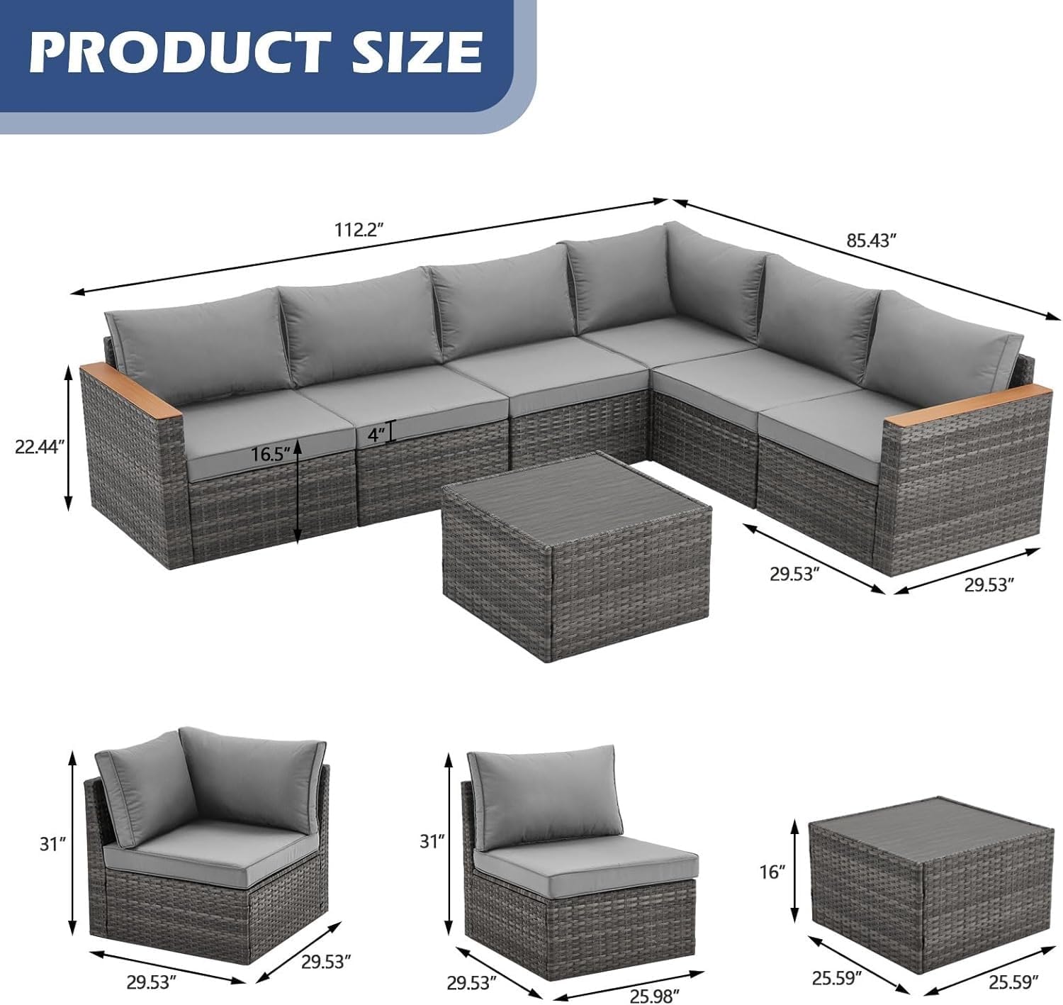 Patio Furniture Set 7 Piece Wicker Outdoor Furniture, Patio Sectional Sofa Conversation Set