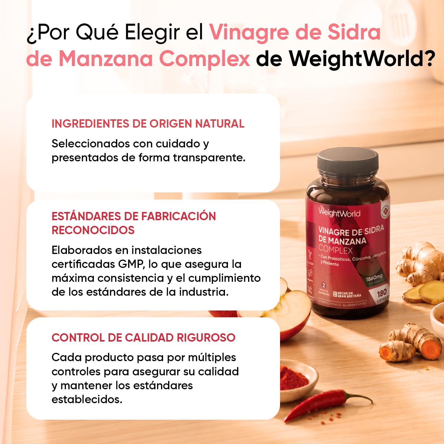 Vinagre de Sidra de Manzana 1860 mg - 180 Cápsulas con Probióticos, Cúrcuma, Jengibre y Pimienta de Cayena - Suplemento para 2 Meses de Suministro - Vegano, Sin OGM y Sin Gluten