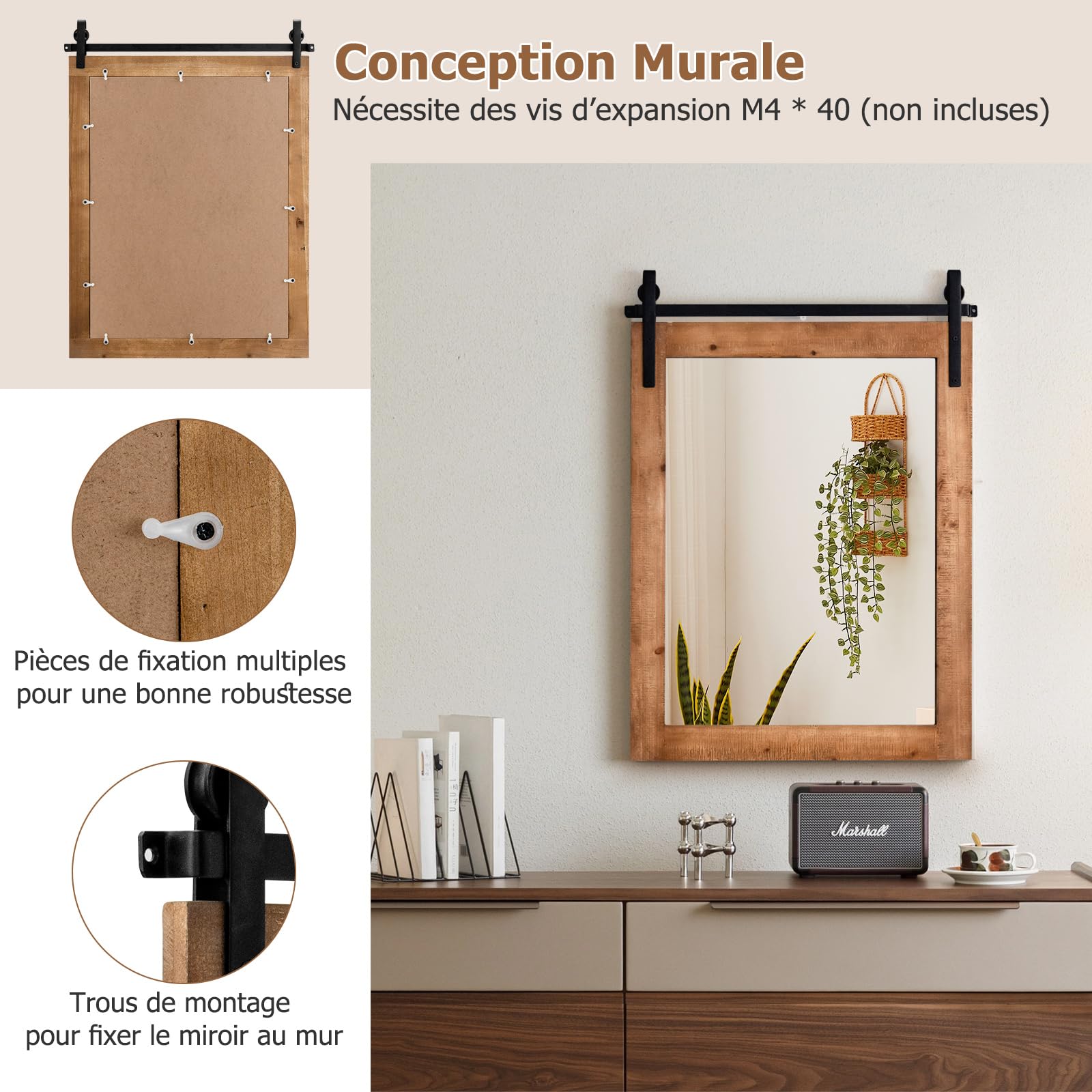 GOPLUS Miroir Mural Solide, 76,5×54CM, Miroir Décoratif Rectangulaire en Bois Sapin & Verre de Haute Définition & Support en Métal, pour Entrée, Salle de Bain, Chambre à Coucher (Brun)