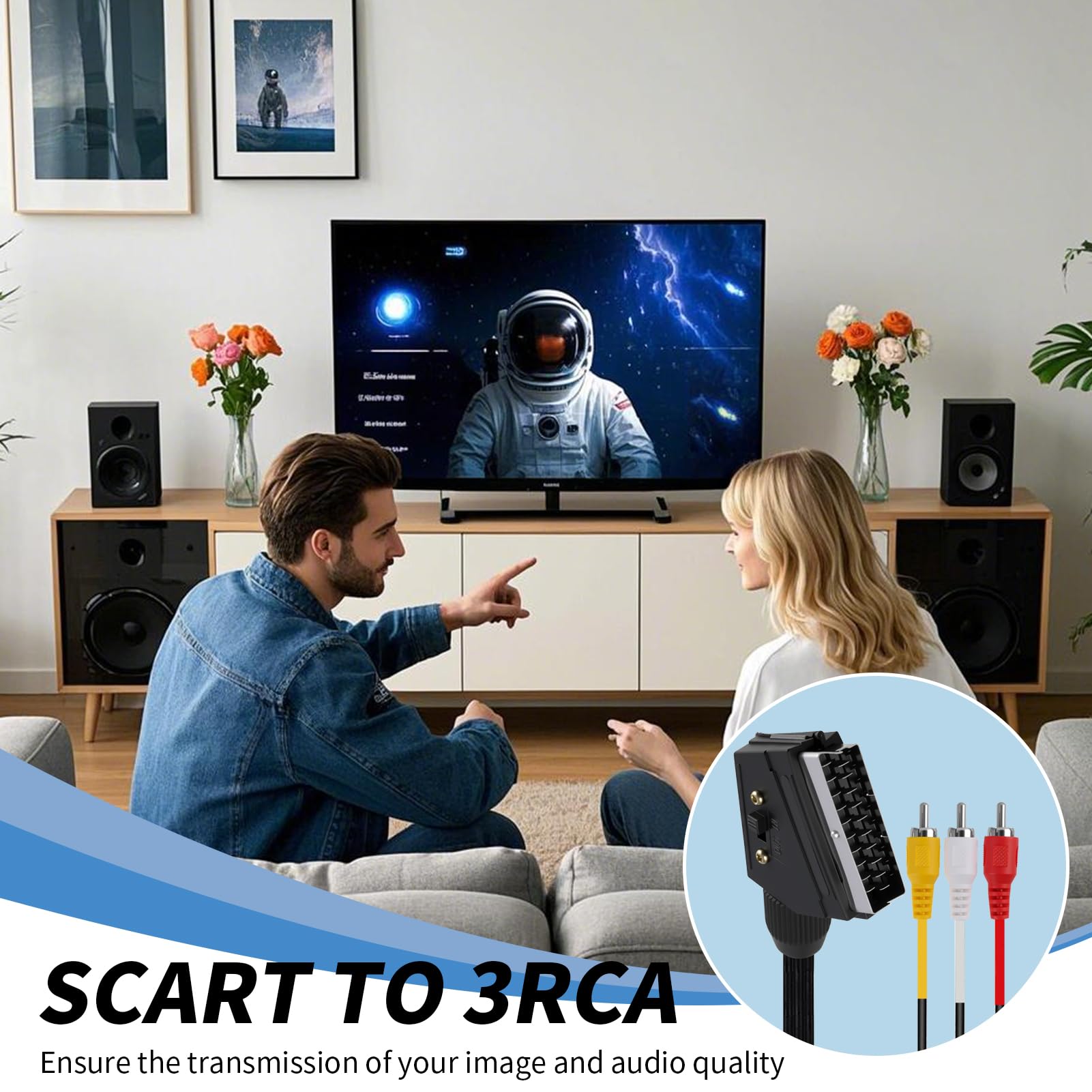 Câble Péritel vers 3RCA Mâles de 1,5m, Câble Adaptateur Péritel Audio Vidéo Convertisseur pour TV, DVD, Magnétoscope, Système Home Cinéma, Transmission unidirectionnelle