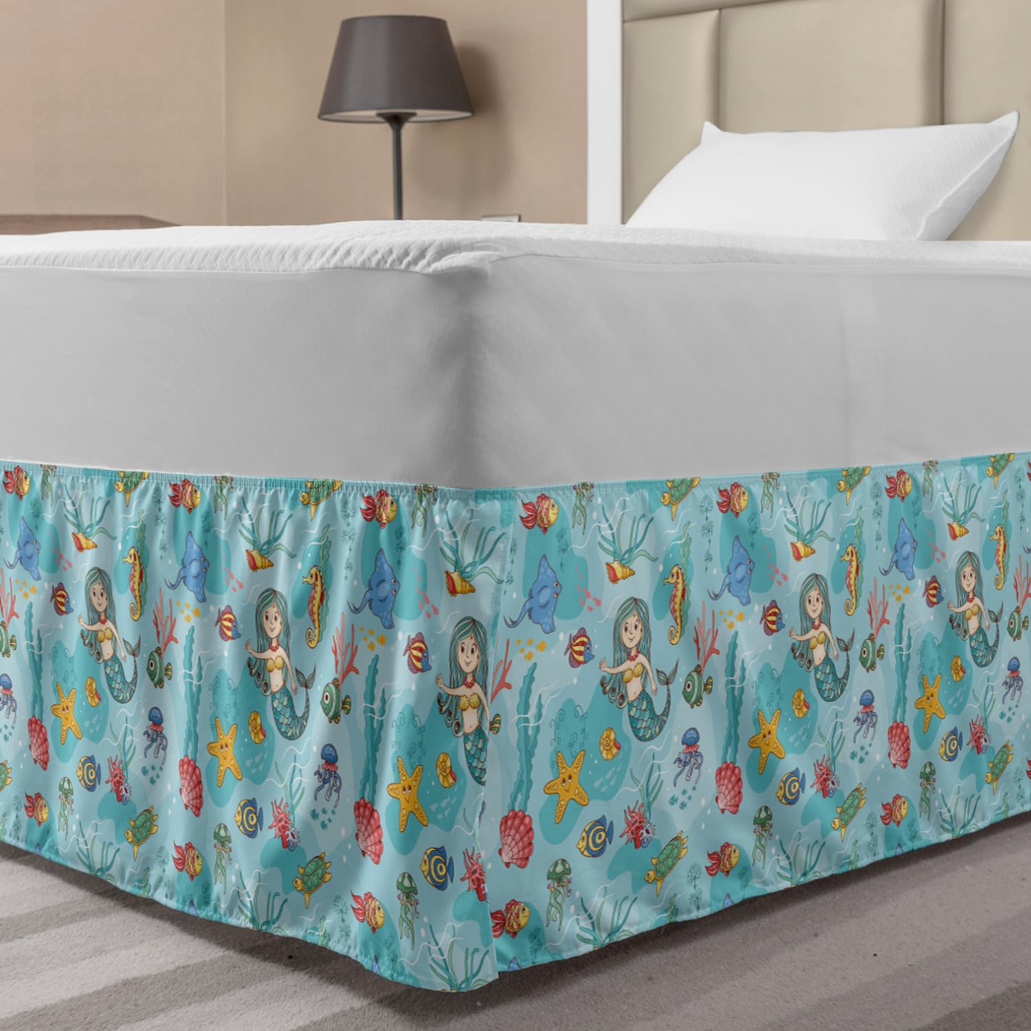 Lunarable Underwater Elastic Bed Skirt Pattern Mermaid Wildlife Tropical Jellyfish Goldfish Cheering Seahorse Wrap Around Fabric Bedskirt Dust