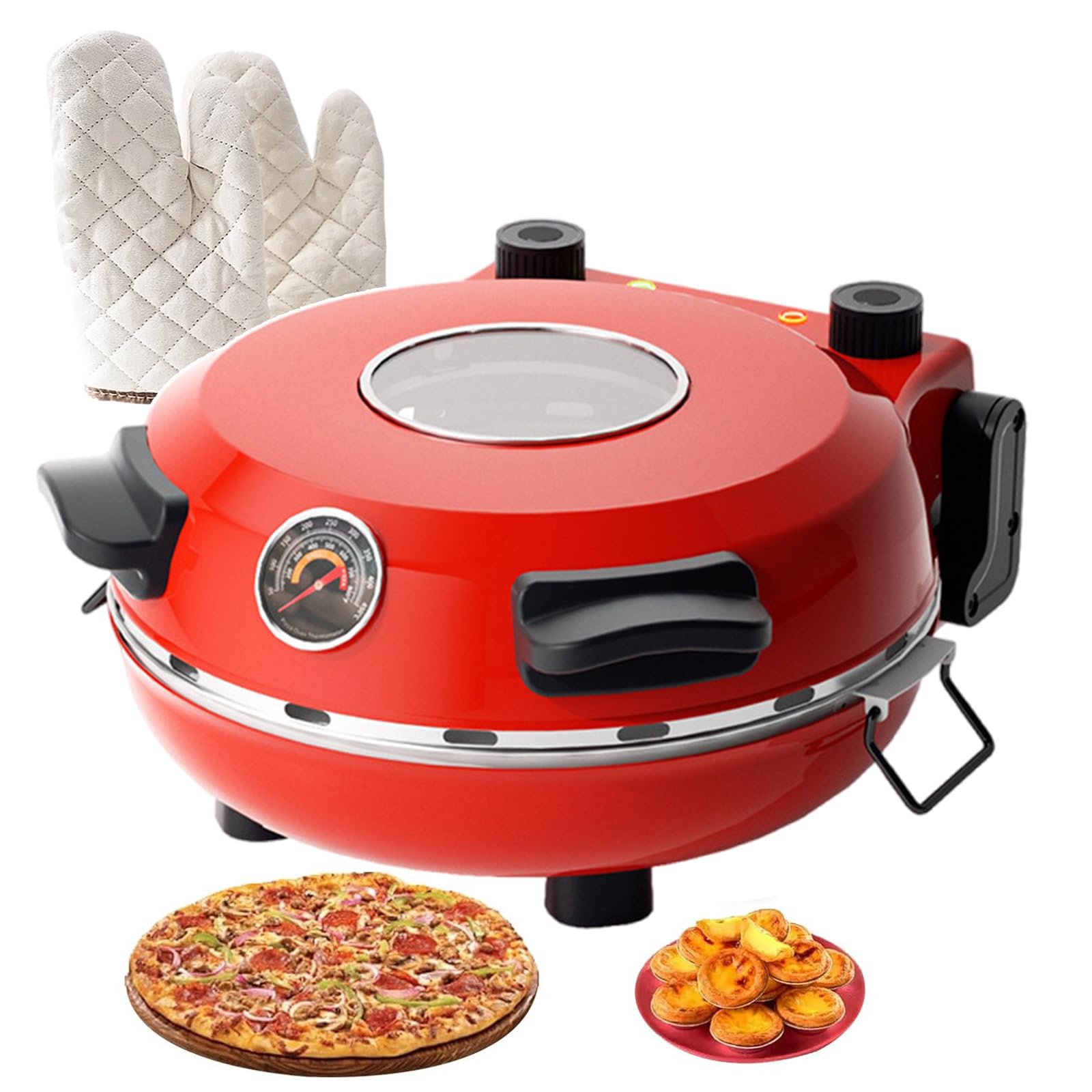 Forno Elettrico per Pizza, Macchina per Fare La Pizza con Piastra Antiaderente da 12"/31Cm, Controllo del Tempo 0-15 Minuti, Macchina per Grigliare La Pizza con Pietre (con Termometro)