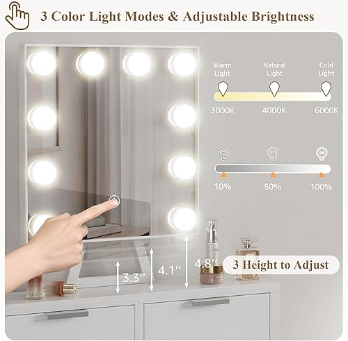 Miniatura 7 de BOLUO - Escritorio de maquillaje blanco con espejo de Hollywood y luces, juego de tocador para niñas con taburete, mesa de maquillaje compacta con