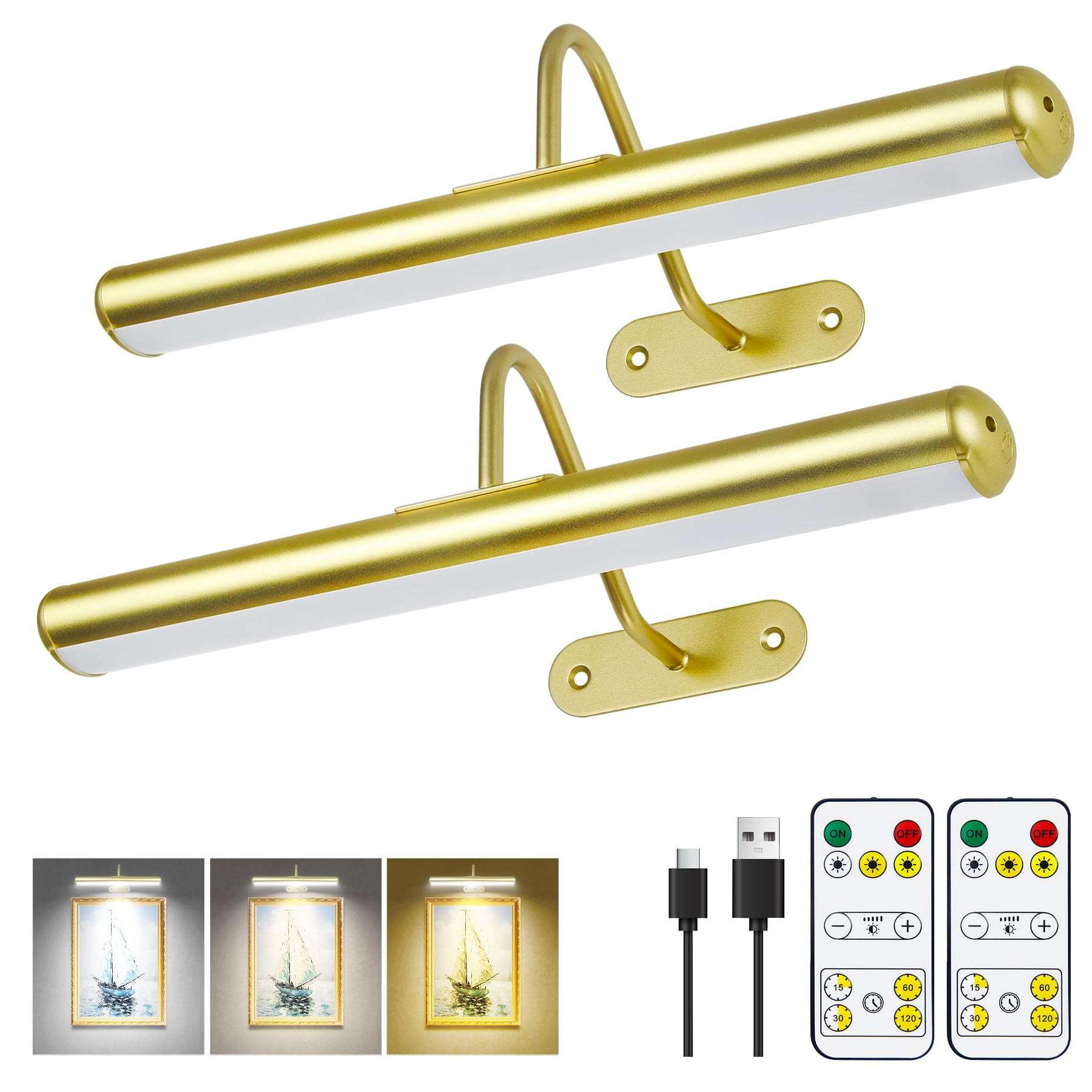 Paquete de 2 luces de pared recargables de 5000 mAh con controlador, colores cálidos/naturaleza/fríos, lámpara LED de pared de metal completo regulable de 400 lm, para galería de retratos de fotos