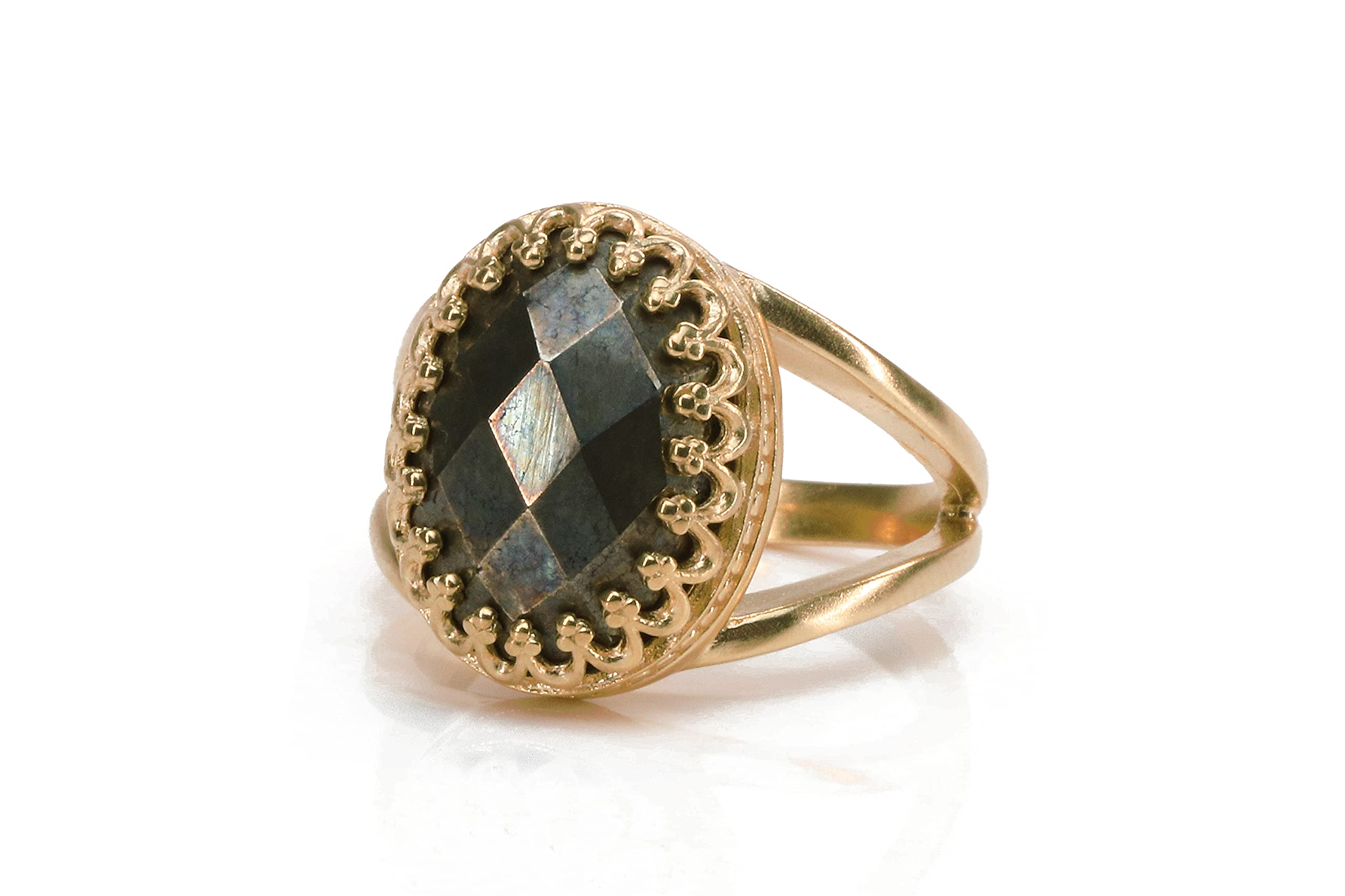 Anillo de Doble Banda de Piedra de Pirita - Anillos de Oro Rosa Personalizados para Mujeres - Anillo Ovalado de Compromiso, Boda, Moda, Promesa, Regalo para su Cumpleaños, Aniversario, Vacaciones